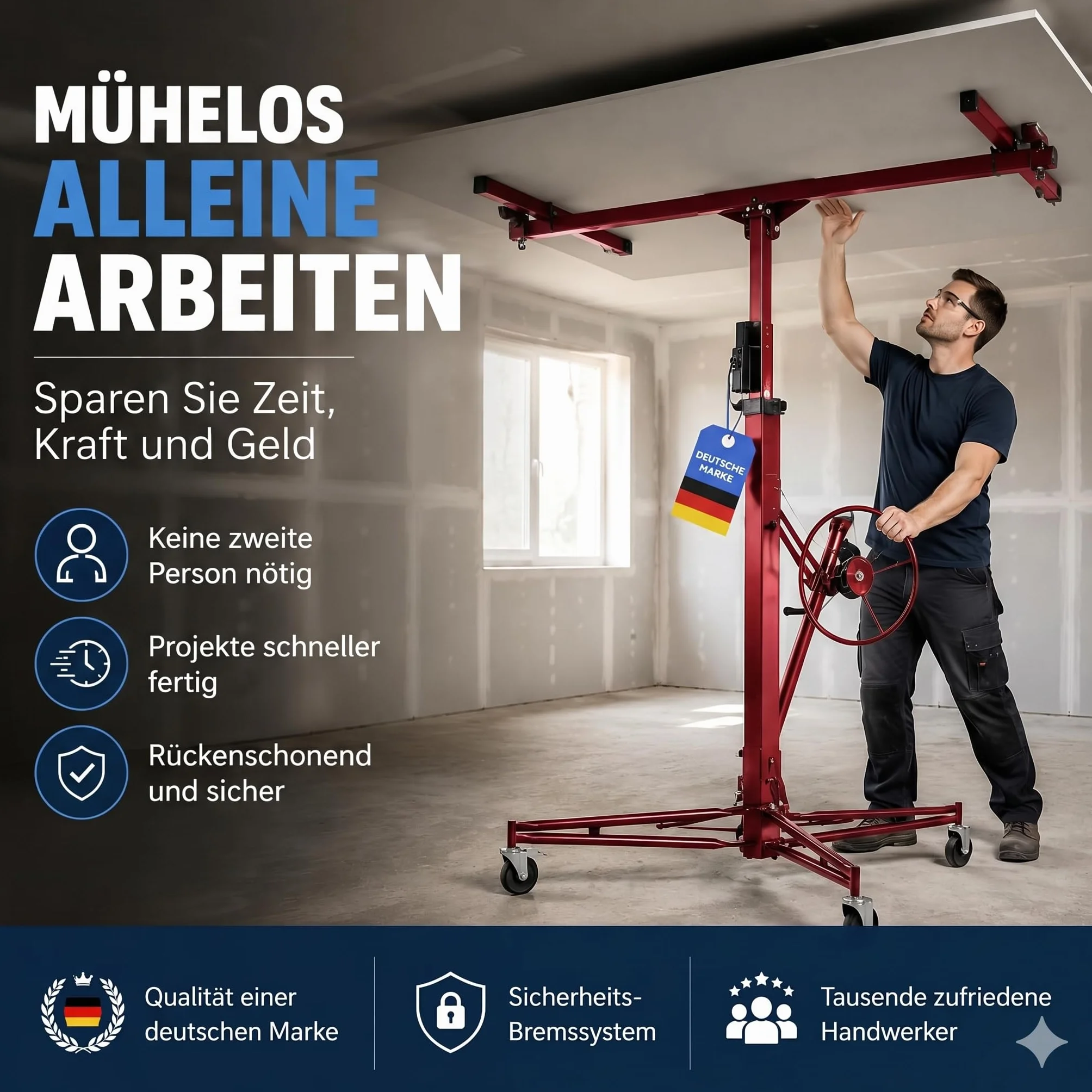 Werkthor Elevador de placas XXL de hasta máx. 68 kg, altura 140-350 cm, elevador de placas de yeso para placas de yeso y placas de yeso, elevador de placas de yeso con 3 ruedas y freno de