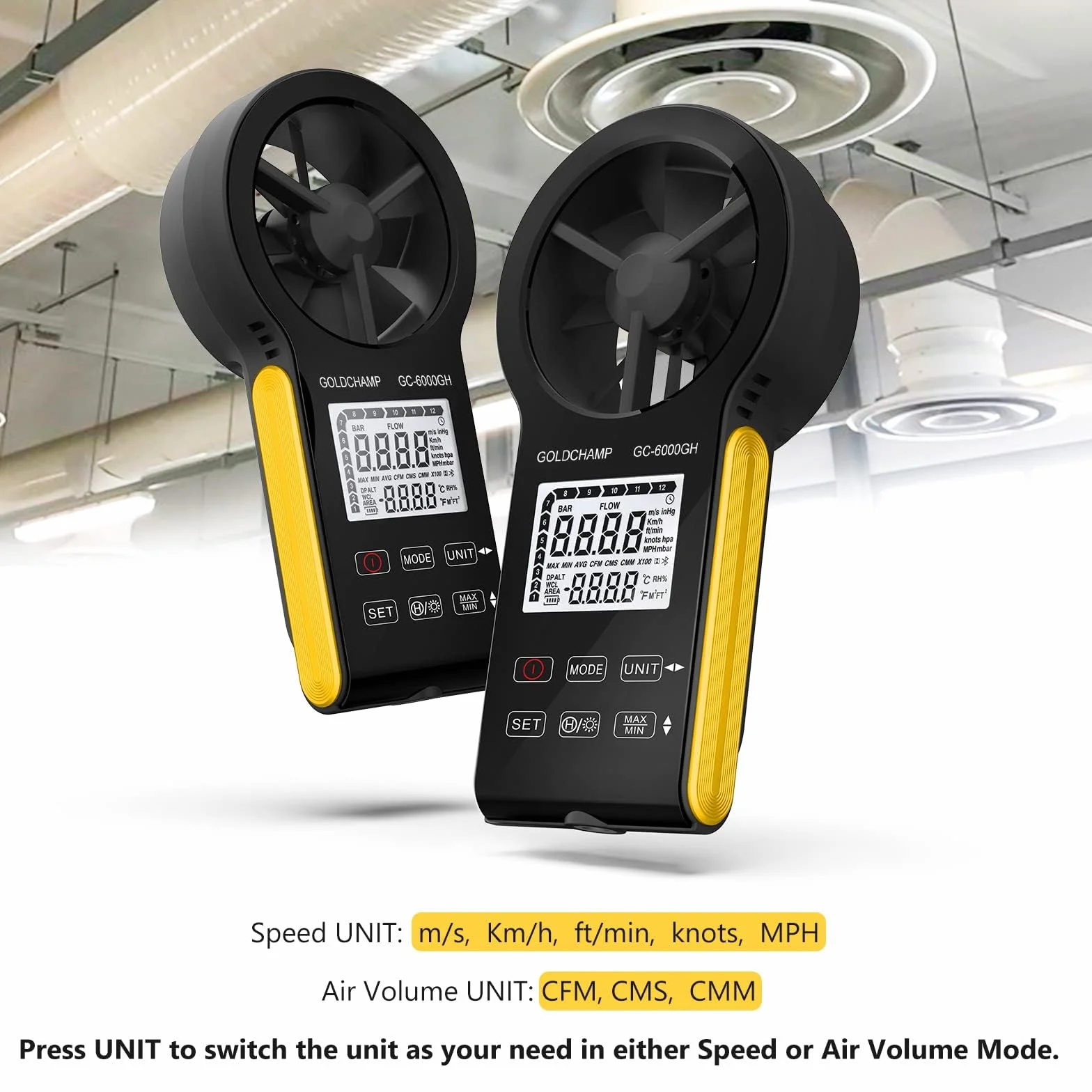 Anemómetro digital recargable resistente al agua CFM 0.3-30 m/s 0-999900 ft3/min retroiluminación HVAC
