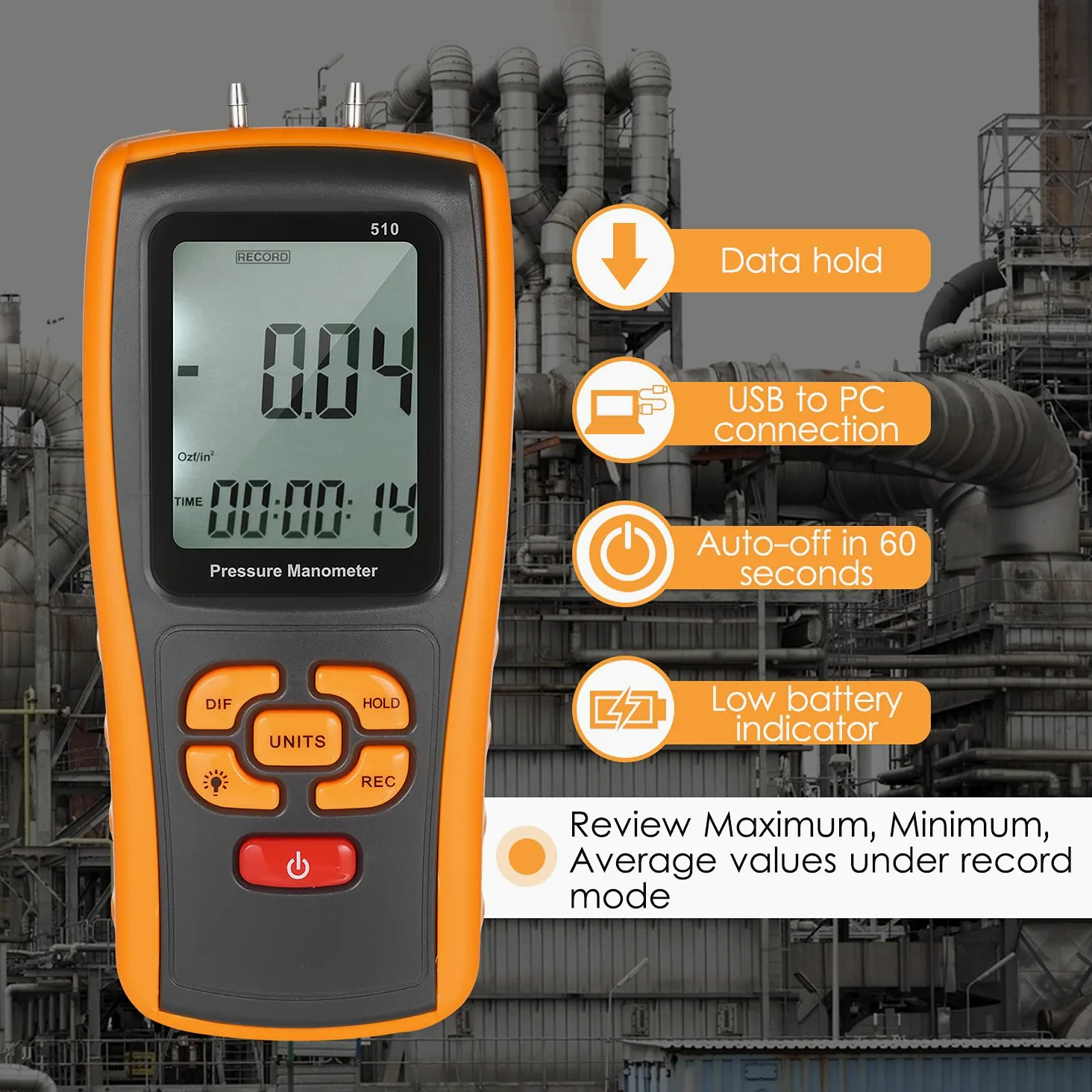 Manómetro digital de precisión ± 10 kPa, medidor de presión diferencial, micromanómetro para válvulas de gas, interruptores de presión, sistema HVAC al vacío, horno, caldera, calentador de agua, aire
