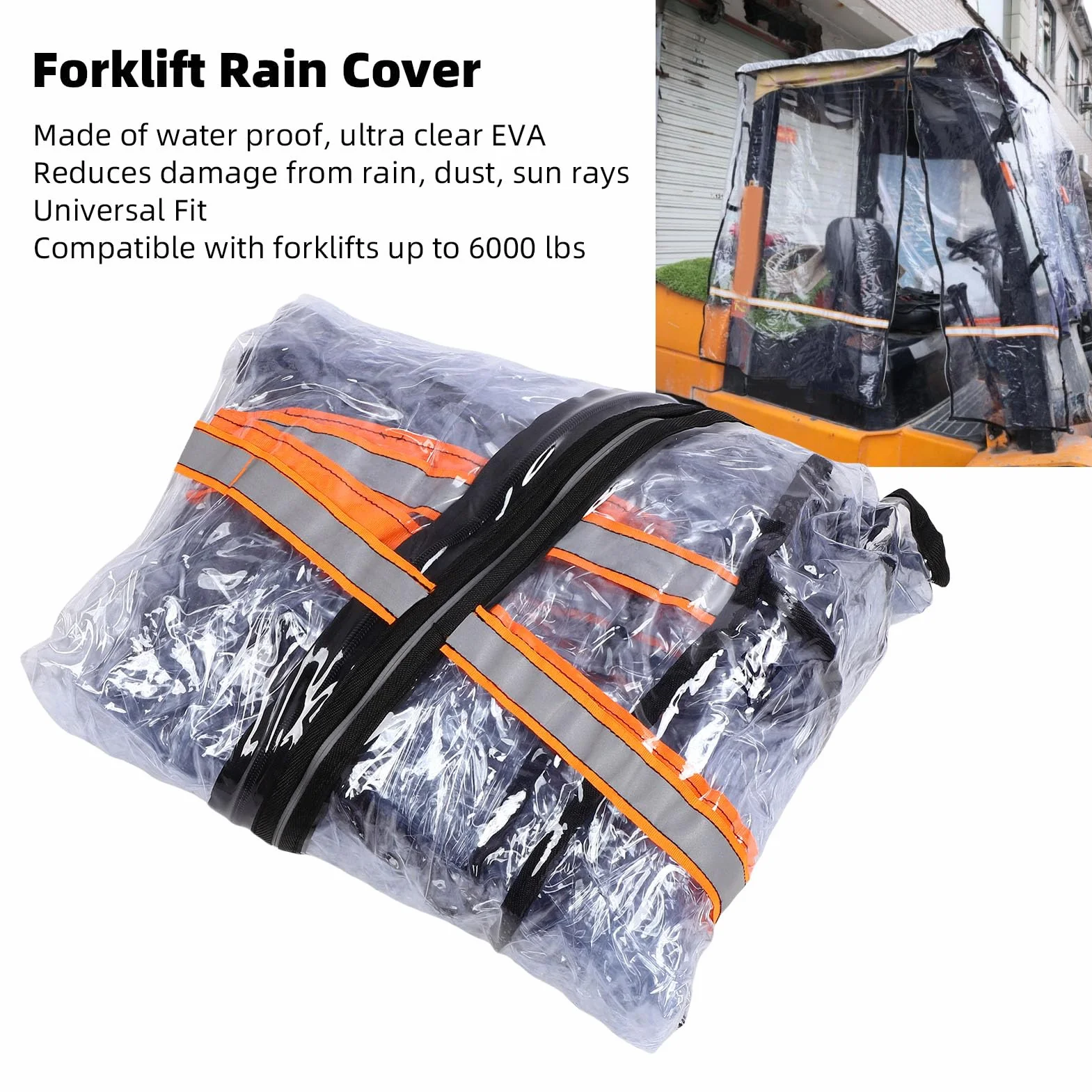Focket Funda Universal para Montacargas, Resistente a la Lluvia, Transparente e Impermeable, para Cabina de hasta 2700 Kg, con Franjas Reflectantes para Lluvia, Nieve y polvo.