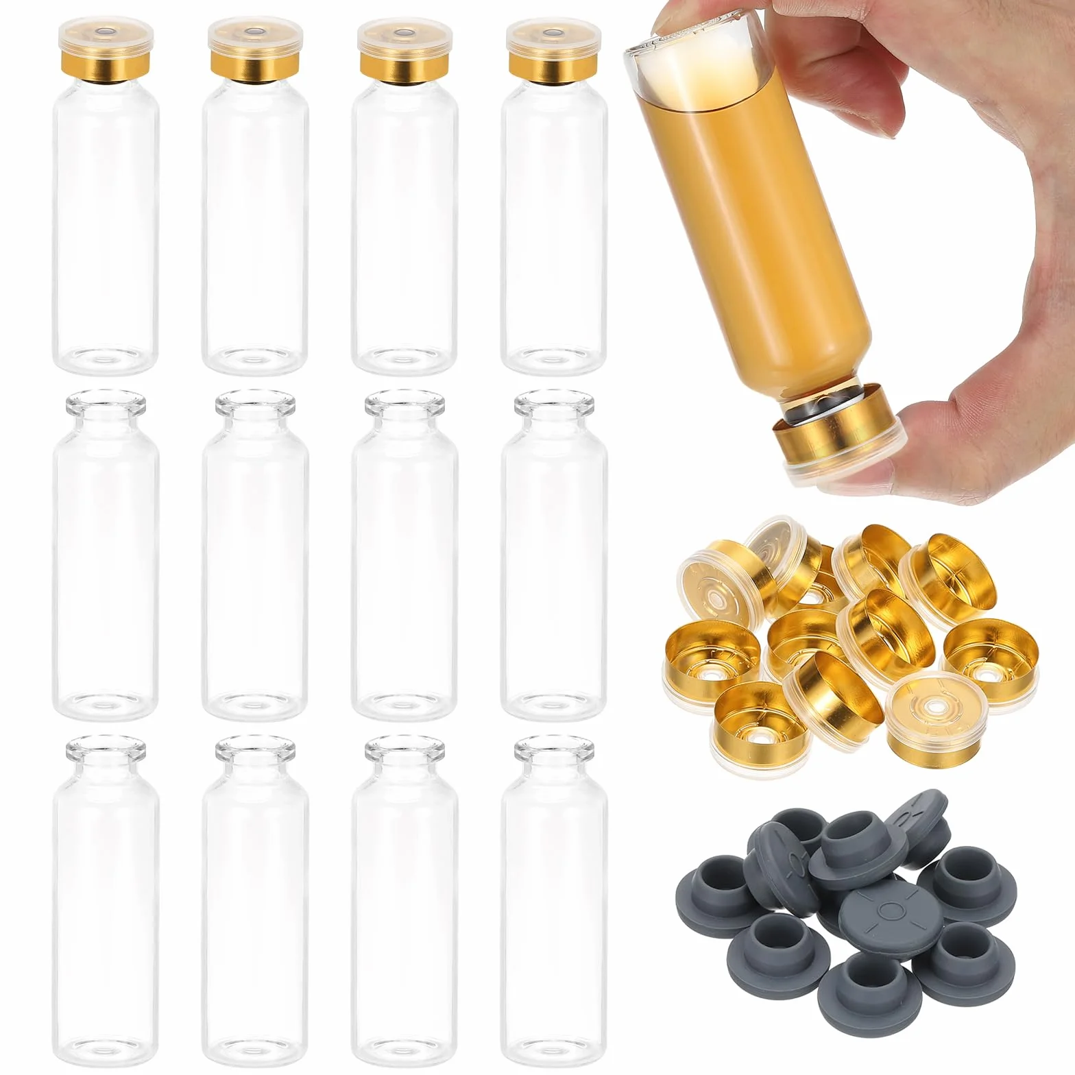 PATIKIL Juego de 12 Viales de Muestra de Vidrio de Borosilicato 30 ml con Tapa de Aluminio y Tapón de Goma Chapado en Oro para Almacenamiento