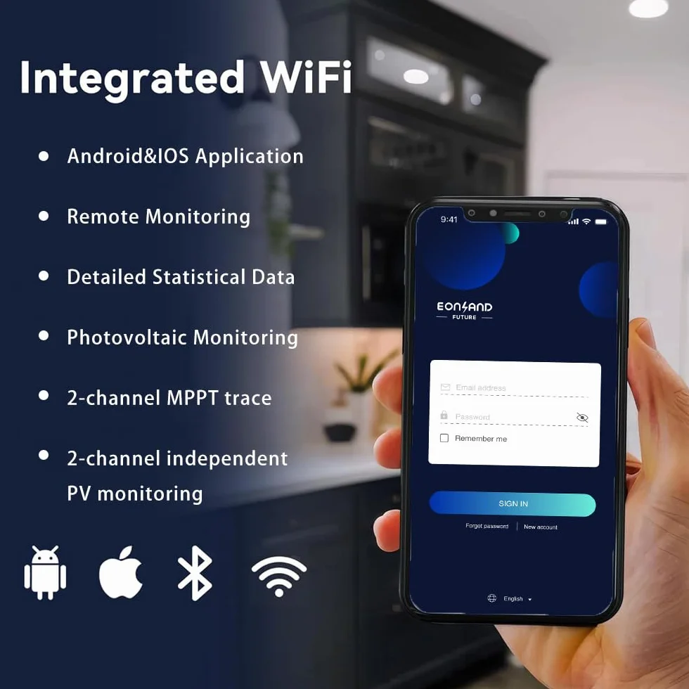 EON-MI800S Microinversor de 800W, Dual MPPT, 16–60V DC, Control de la aplicación Mediante Wi-Fi, Plug & Play, IP67, Certificado VDE, Ligero, Ideal para Sistemas solares de balcón