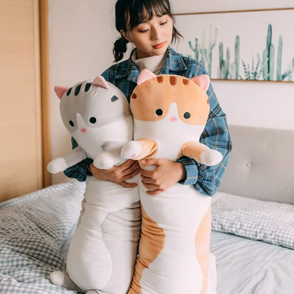 Almohada Gato Largo de Peluche Suave Gigante 70cm Gris