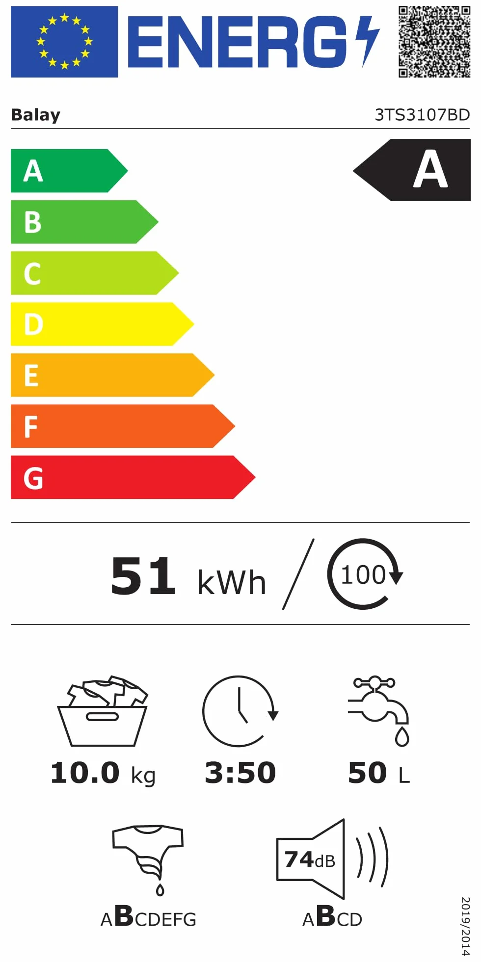 Balay Lavadora Libre Instalación 10 kg Programa Plancha Superrápido 15/30 min Silenciosa Blanco 3TS3107BD