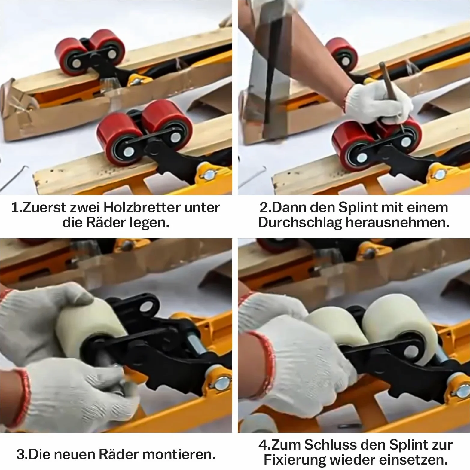 4 piezas de ruedas de transpaleta de poliuretano 80 x 100 mm, eje de 20 mm incl. rodamientos, ruedas de repuesto para transpaleta, carga máxima 700 KG