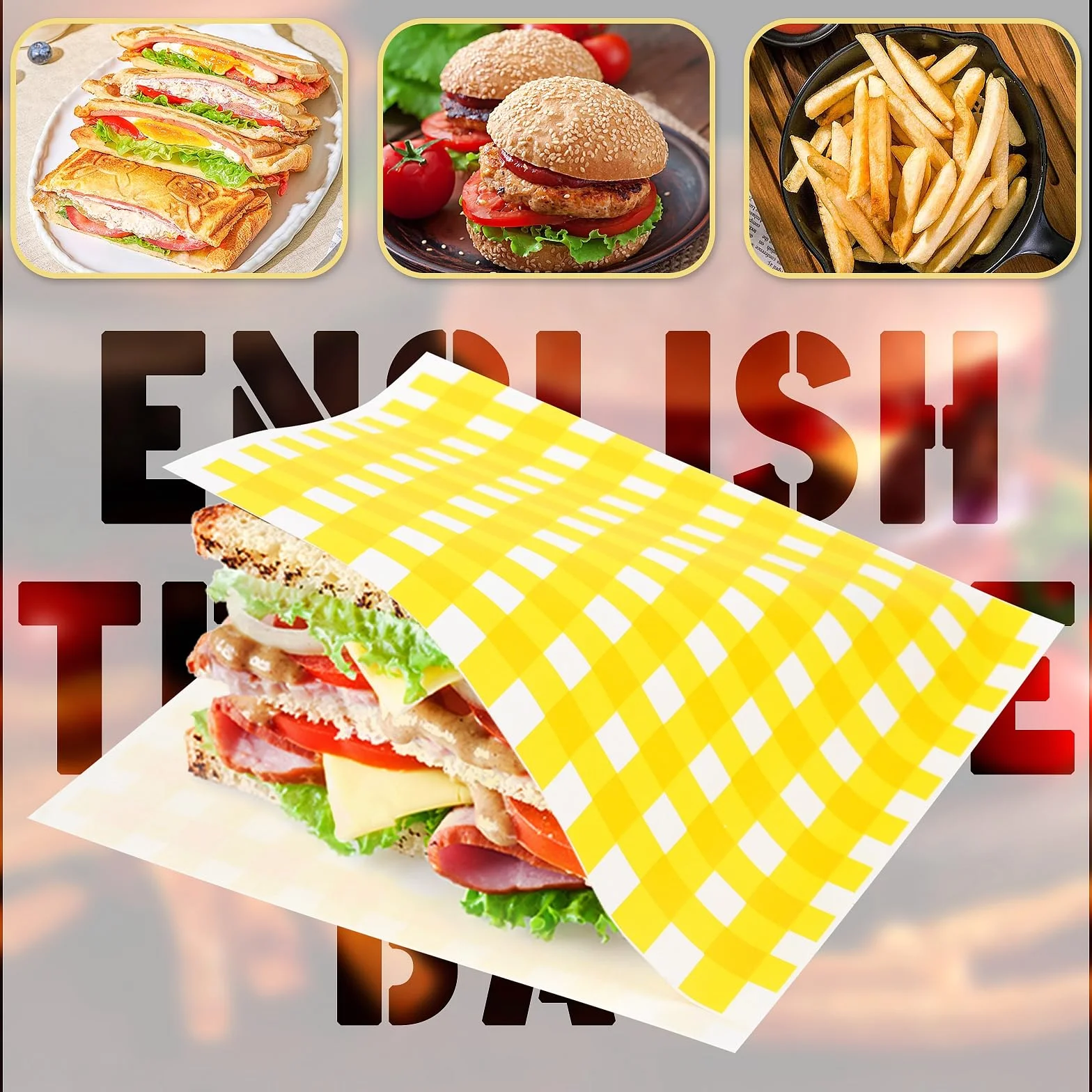 Papel Hamburguesa Antigrasa 18x18 cm Bolsa para Envolver Alimentos Hamburguesas Sándwich Patatas Fritas Patrón Cuadrícula Amarilla