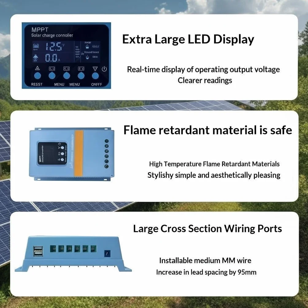 Regulador de carga solar MPPT de 150 A, 12 V/24 V/36 V/48 V, detección automática, pantalla LCD, protección contra sobrecarga para autocaravanas/camiones/sistemas de PV domésticos LiFePO4/batería de
