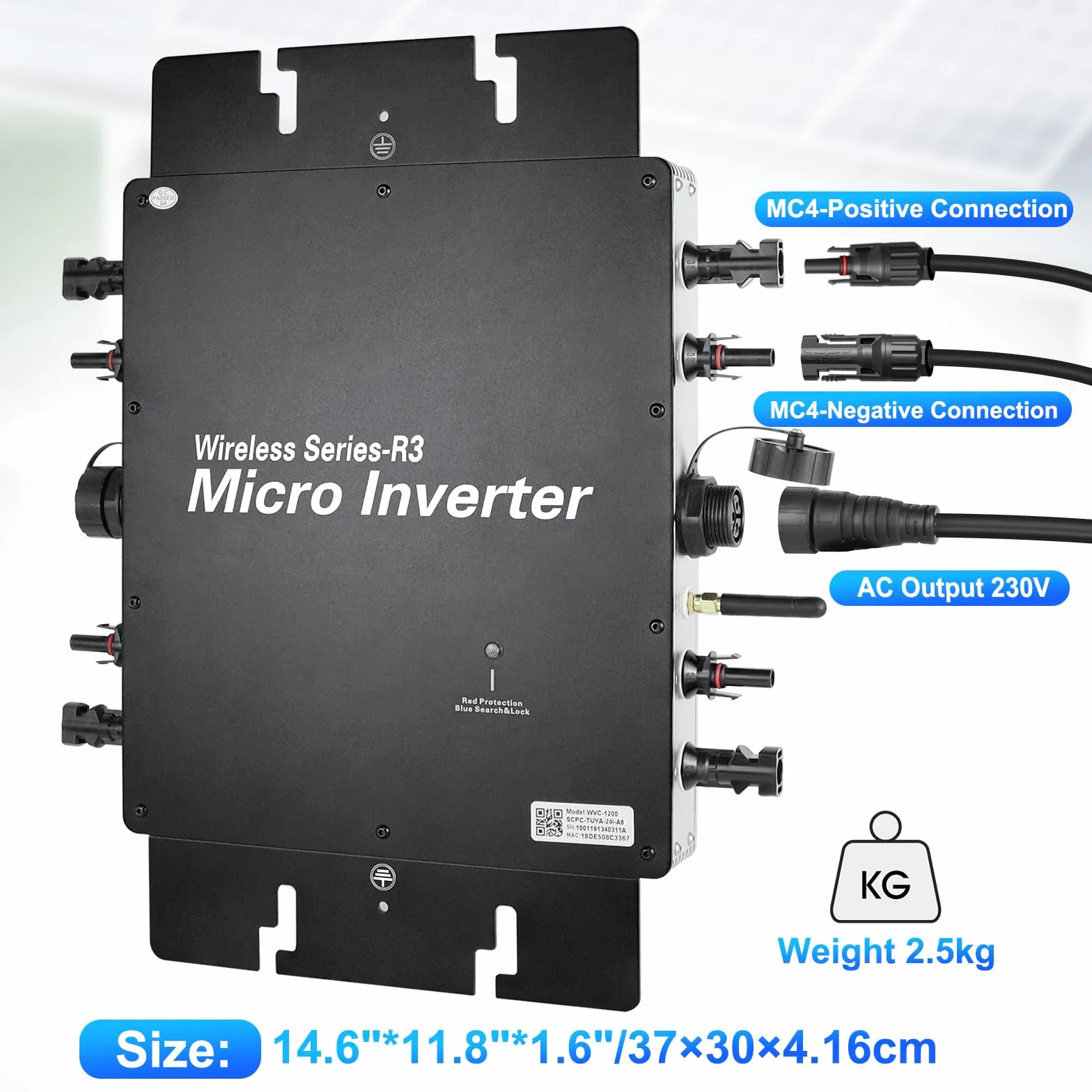 Microinversor 1200W inversor fotovoltaico con WiFi y Bluetooth,Entrada DC 20-60 V,Plug & Play inversor Solar Inteligente para Sistemas solares en Balcones