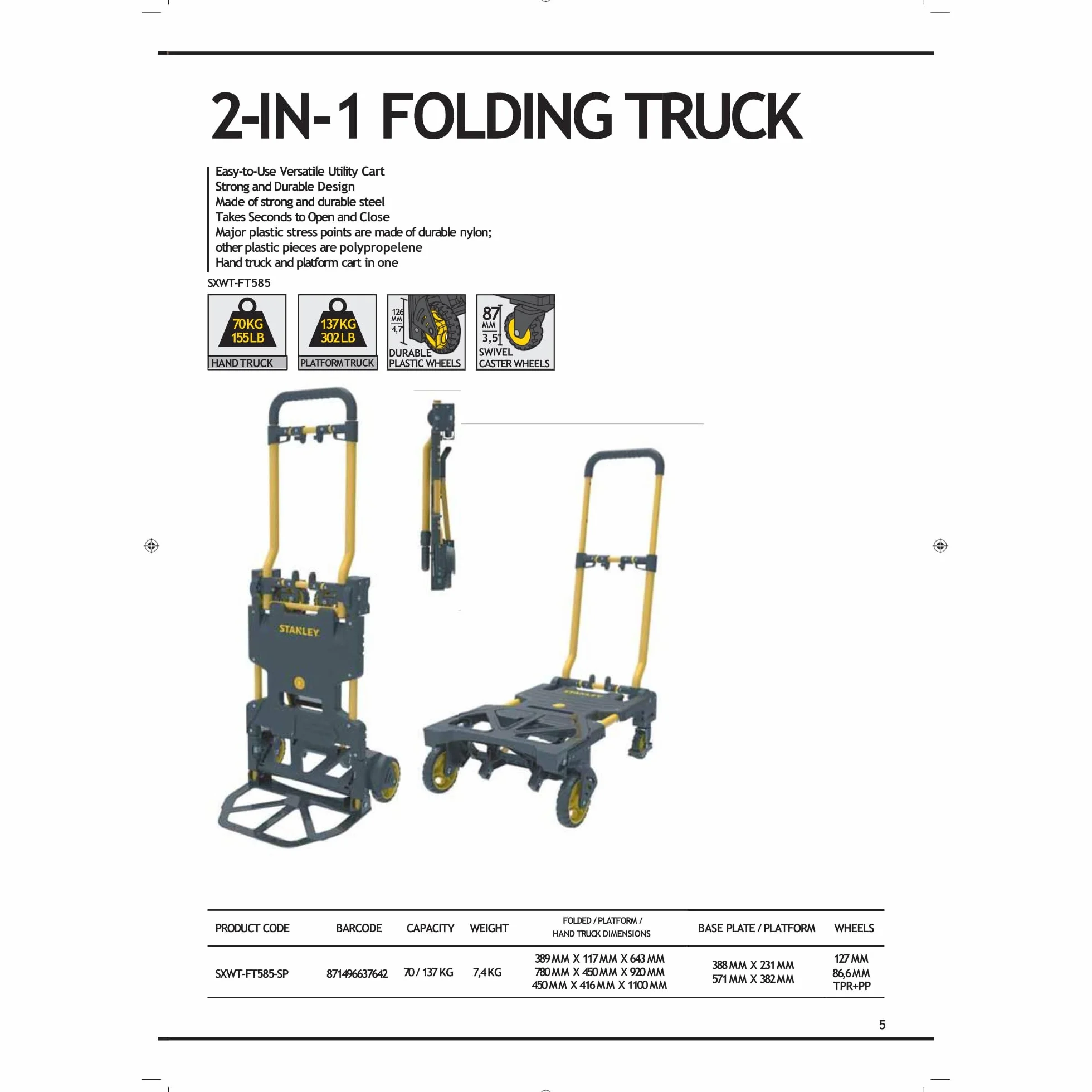 Stanley SXWTD-FT585 2-en-1 Carro y Caretilla Plegable 70kg 137kg Plástico/Acero