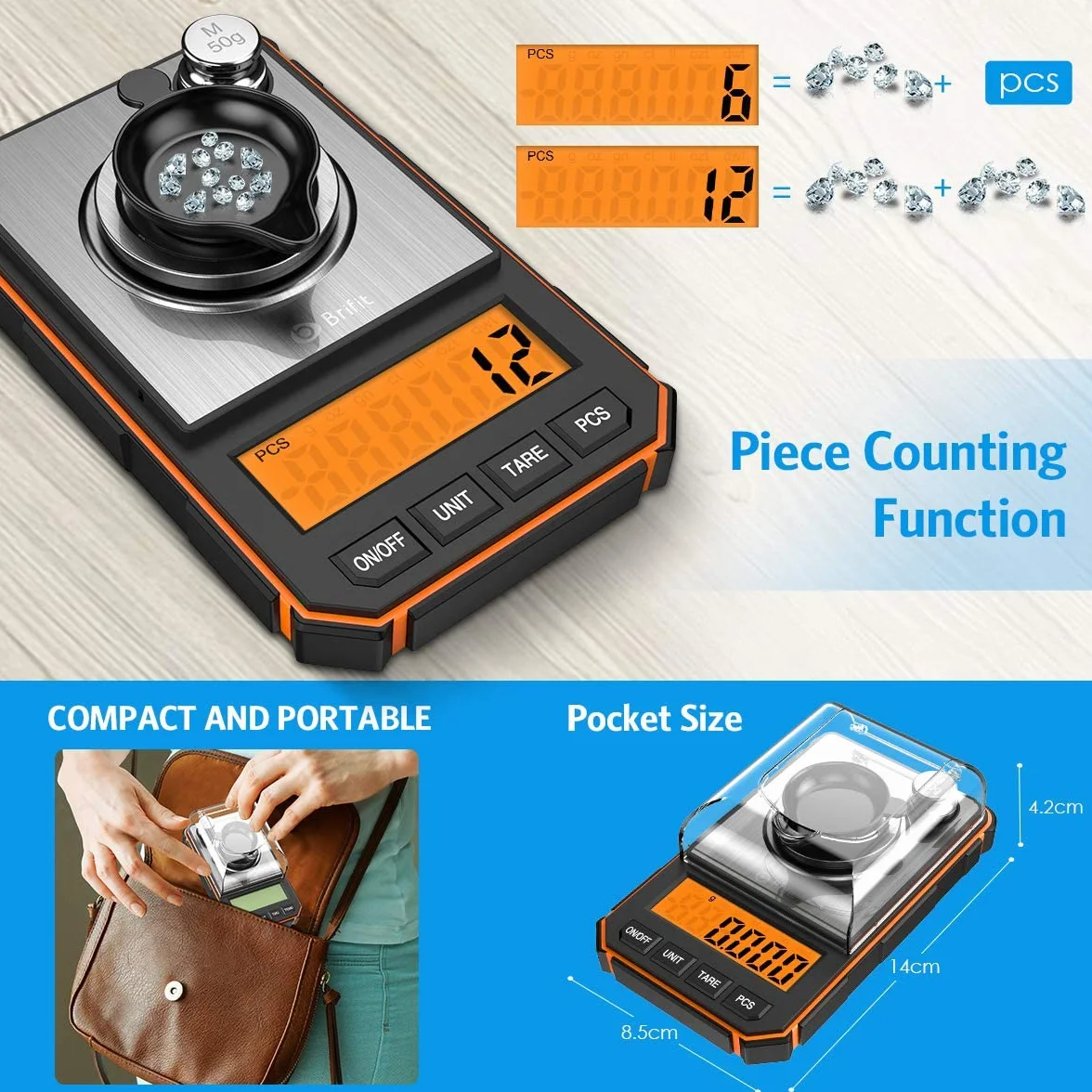 Brifit Báscula de Precisión Digitale, 50g/0.001g Balanzas de Portátiles con Peso de Calibración de 50g, Pinzas, Plato de Pesaje (Batería Incluida, Naranja)