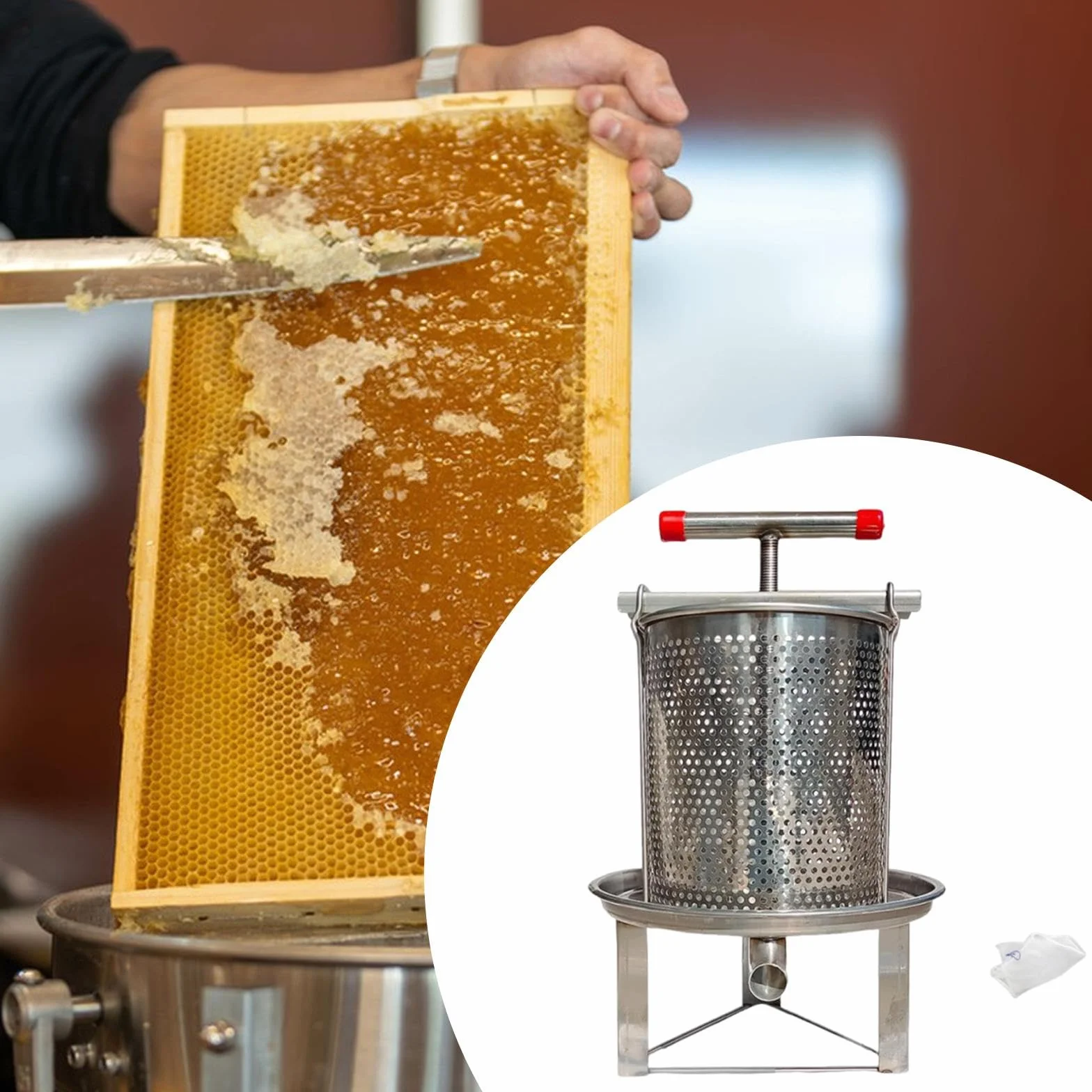 Prensa de Miel con Mango en Forma de T para extracción de Vino y, Panal y Verduras, 1 Malla de Filtración