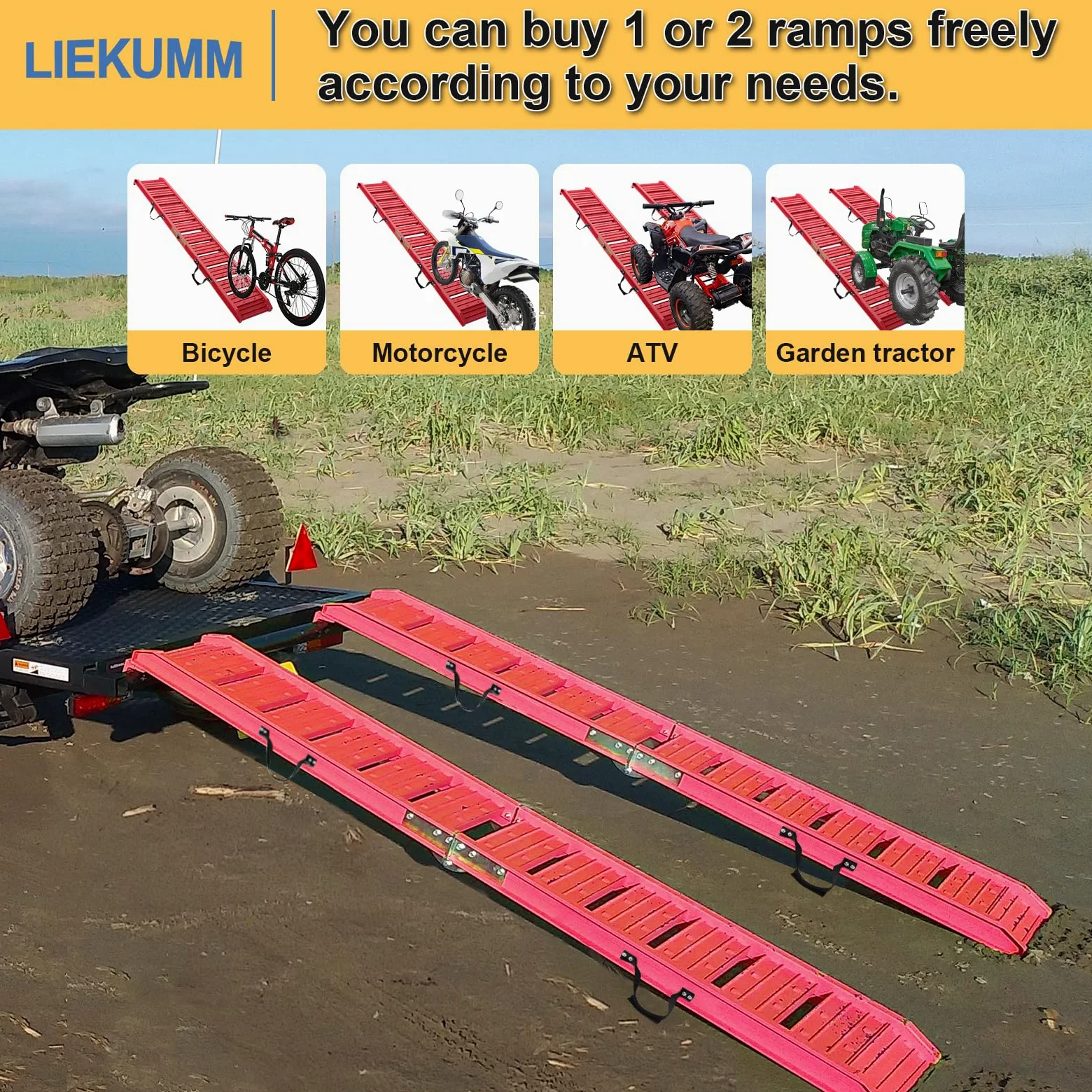 LIEKUMM Rampa de Carga de Aluminio de 180 cm, Rampa de Motocicleta para ATV, Motocicleta, Camión, Scooter, Cortacésped cuádruple y Bicicleta Ford, Plegable, 1 Pieza, Capacidad de 250 kg (Rojo)