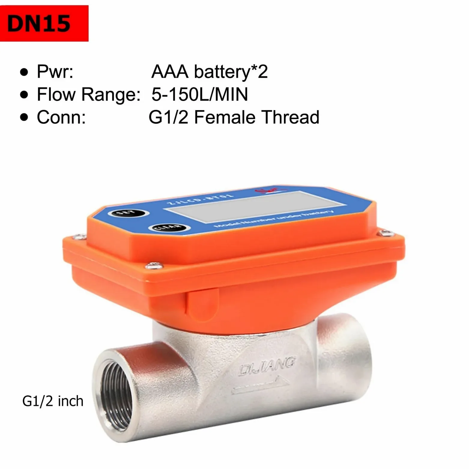 Medidor de Flujo de Agua, Medidor de flujo Digital inteligente, medidor de flujo de acero inoxidable de alta precisión, pantalla LCD, Sensor de flujo de agua for riego de jardines y granjas(DN15)