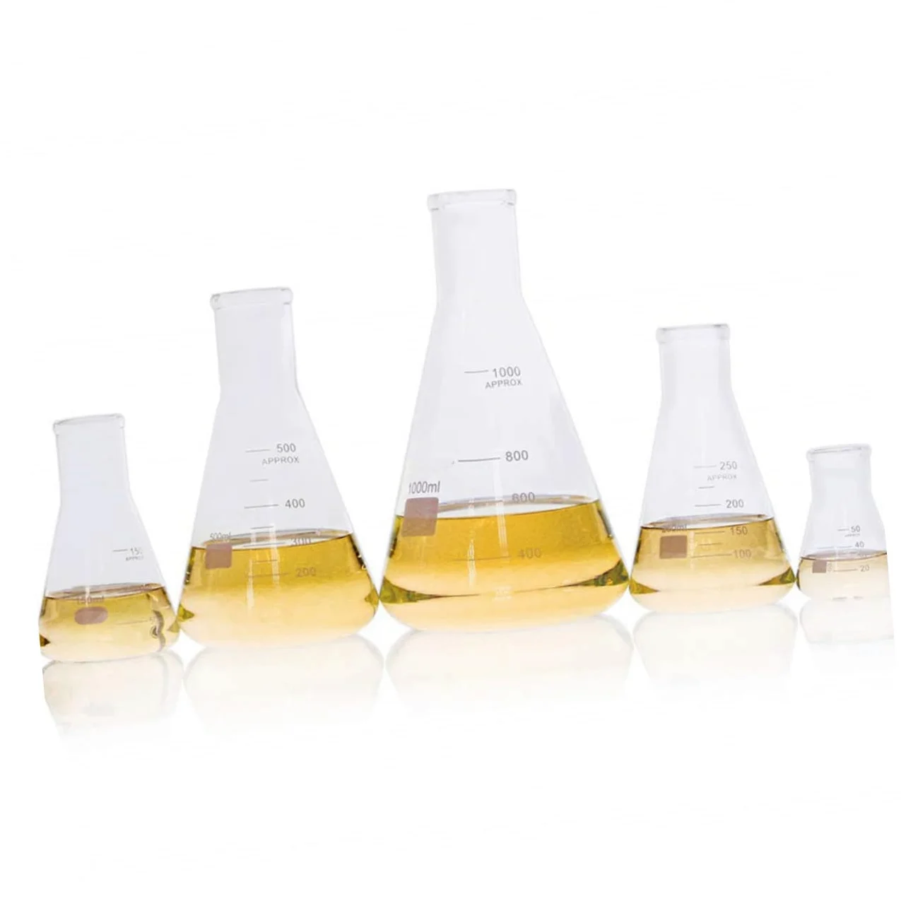 Anneome Matraz Cónico de Vidrio de Borosilicato 5 Piezas para Laboratorio | Boca Estrecha, Fondo Plano y Graduaciones Estándar, 50ml a 1000ml, Uso en Educación