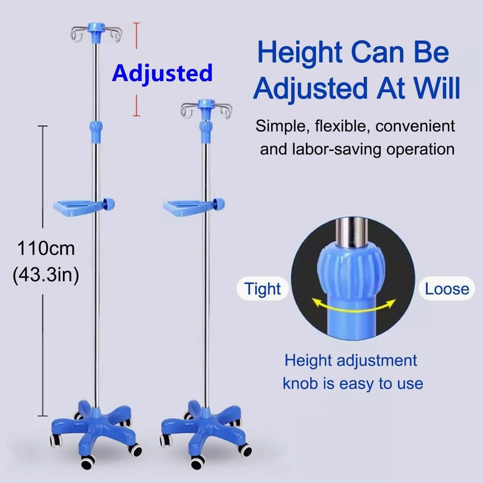 Portasueros médico con ruedas de acero inoxidable Soporte para suero | Soporte intravenoso ajustable de 1,5-2 m de altura con 4 ganchos for hogar hospitalario