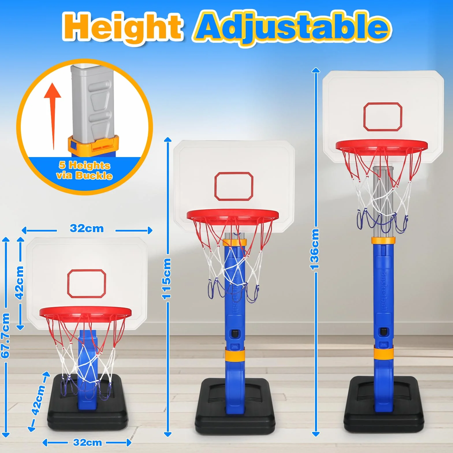 YIMORE Canasta y Baloncesto Infantil, Altura Ajustable 70-138 cm, para Niños 3-8 Años