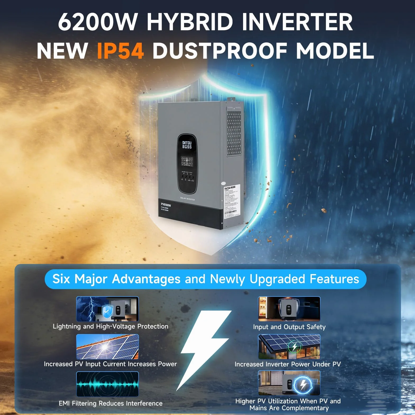 DATOUBOSS 6200W Inversor Híbrido Solar, Onda Sinusoidal Pura 48V a 230V, Controlador de Carga MPPT 120A, Uso Fuera de Red, Compatible con Baterías de Iones de Iitio, para Caravana y Sistemas Solares.