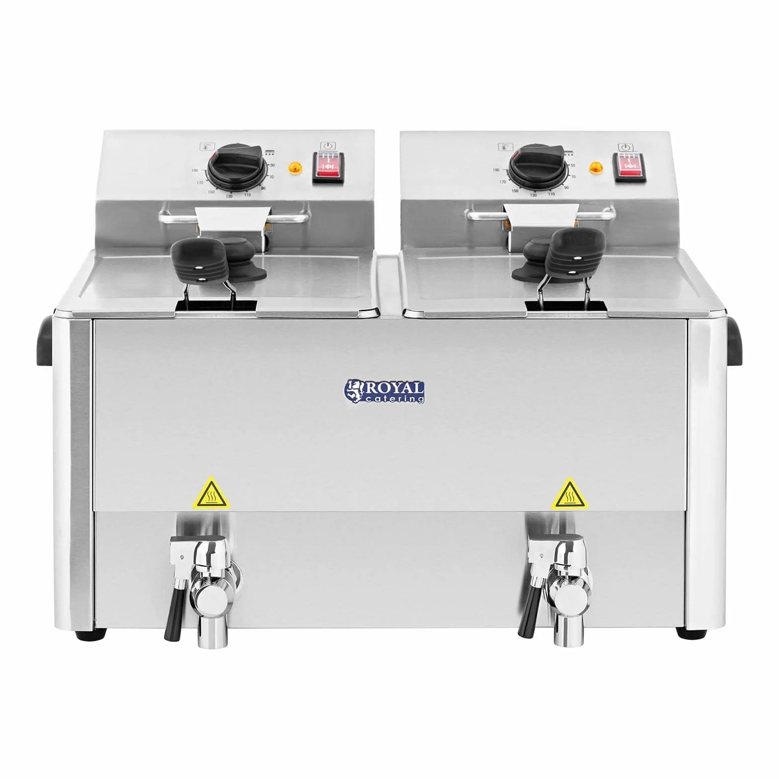 Royal Catering Freidora doble de acero inoxidable (capacidad 2 x 13 L, 2 x 3250 W, 230 V, termostato E.G.O. con grifo, incluye 2 cestas con tapa)