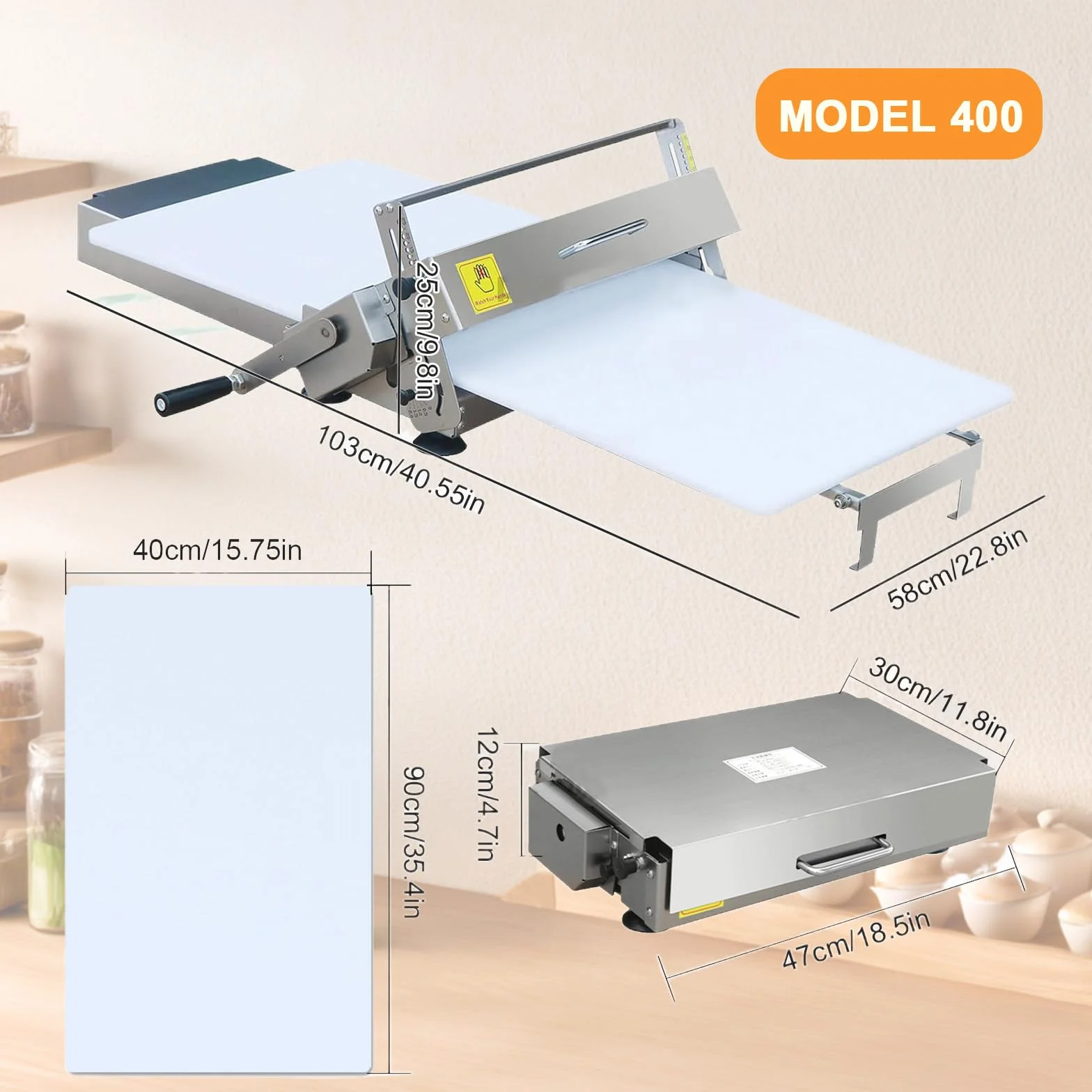 Laminadora de Masa Manual Compacta, 30cm/40cm Laminadora de Masa de Acero Inoxidable, Grosor Ajustable 0-25 mm, para elaborar pizza, croissant y productos de pastelería delicada 400-Model
