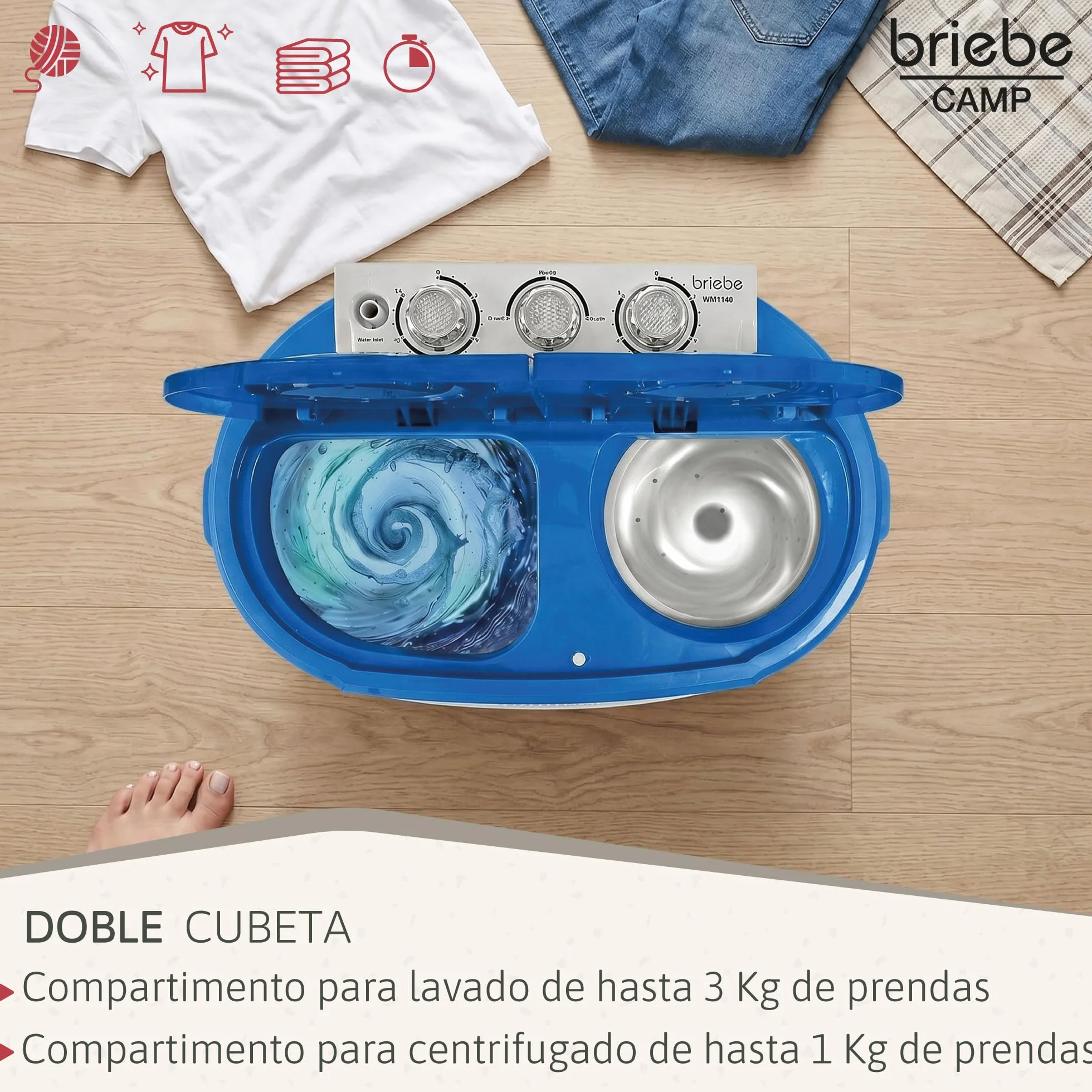 Camp Mini Lavadora Portátil con Centrifugado 3Kg Carga Superior Azul/Blanco