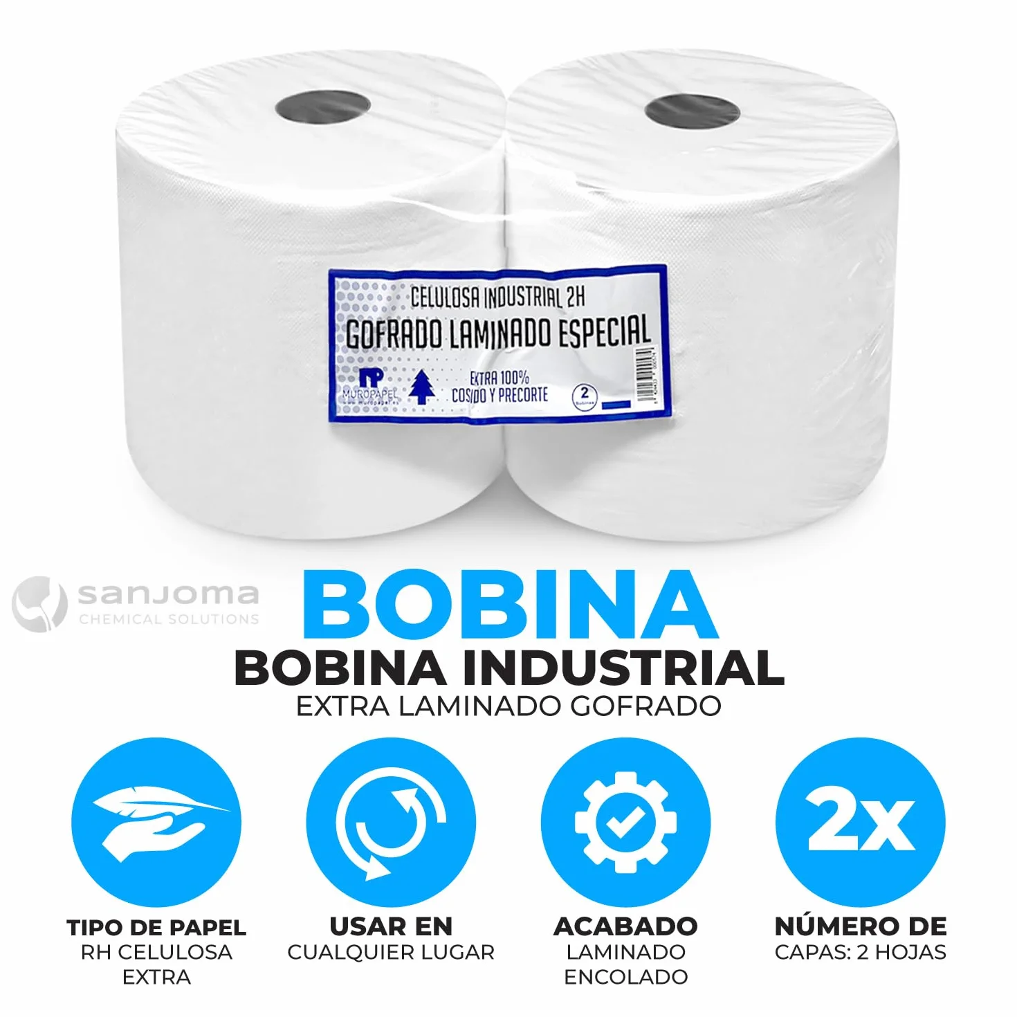 Pack 2 Bobinas Papel Industrial Celulosa Blanco - Rollos Mecánico de Pasta - Precorte Doble Capa - Resistente Para Talleres y Cocina - Acabado Laminado Extra Gofrado (7kg)
