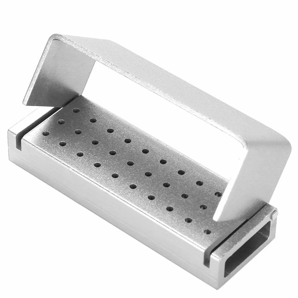 Caja de desinfección de aluminio para fresas dentales 30 agujeros plata