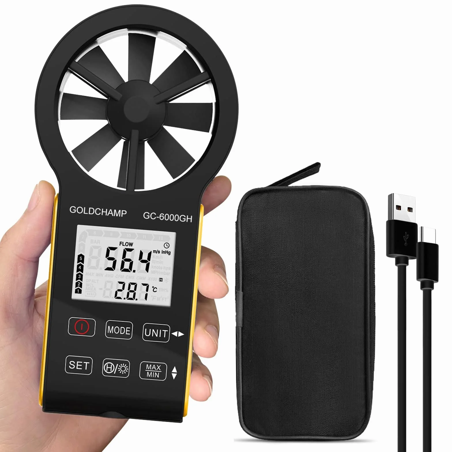 Anemómetro digital recargable resistente al agua CFM 0.3-30 m/s 0-999900 ft3/min retroiluminación HVAC
