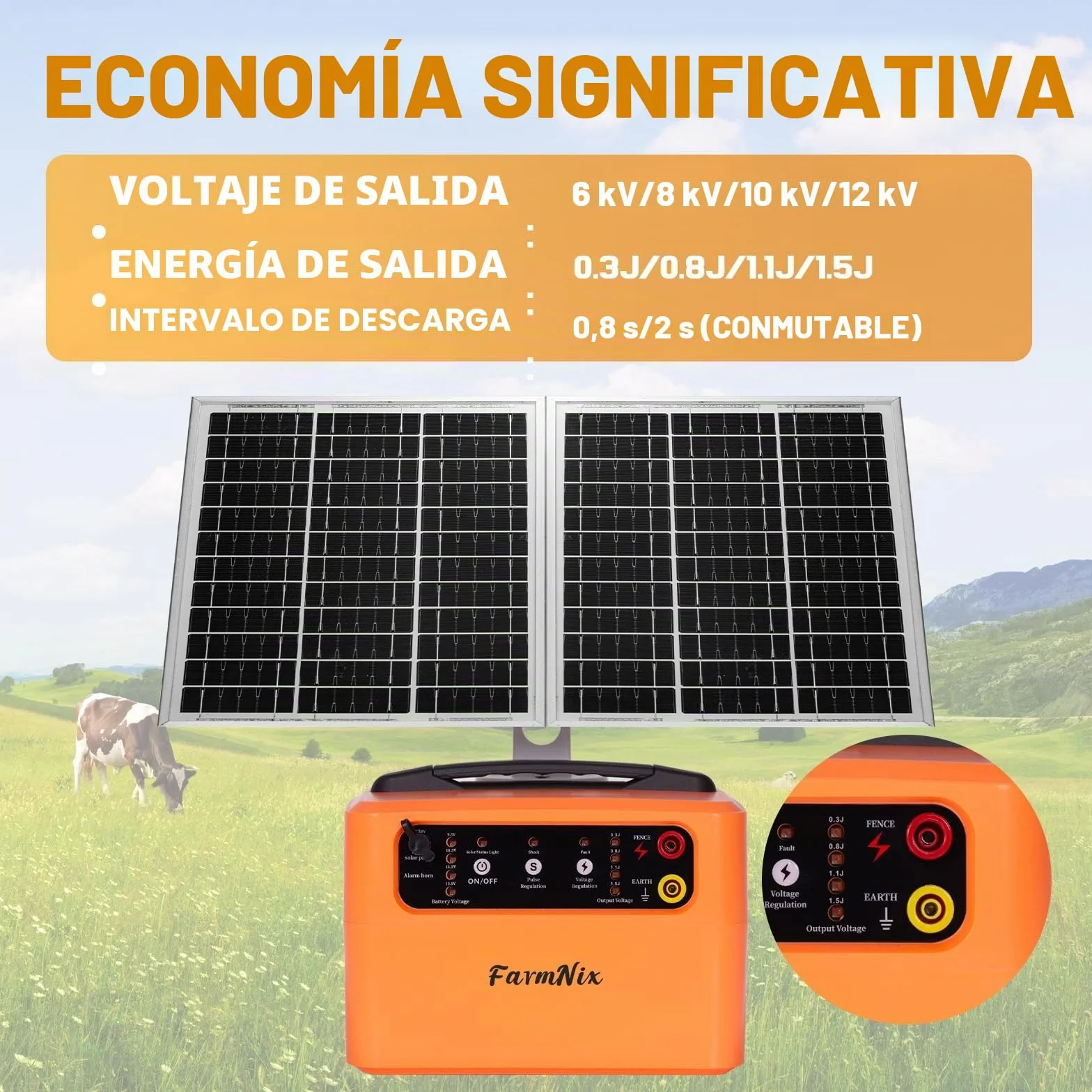 48KM Solar Pastor Electrico, Voltaje Ajustable 6-12KV, 1.5J, 15W Panel Solar, Batería Recargable, Protección 24H Ininterrumpida para Ganado, Jardín y Granja