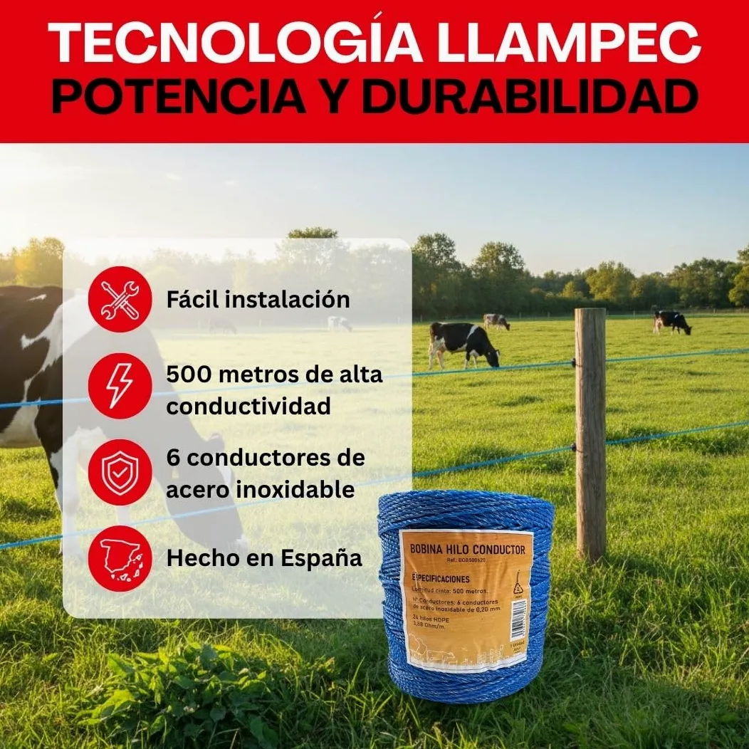 Llampec Hilo Pastor Eléctrico 500 m x 3 mm Azul – Cinta 6 Conductores Acero Inoxidable – Alta Conductividad y Resistencia UV – Cable Valla Eléctrica para Caballos, Vacas y Perros – Bobina Pastor