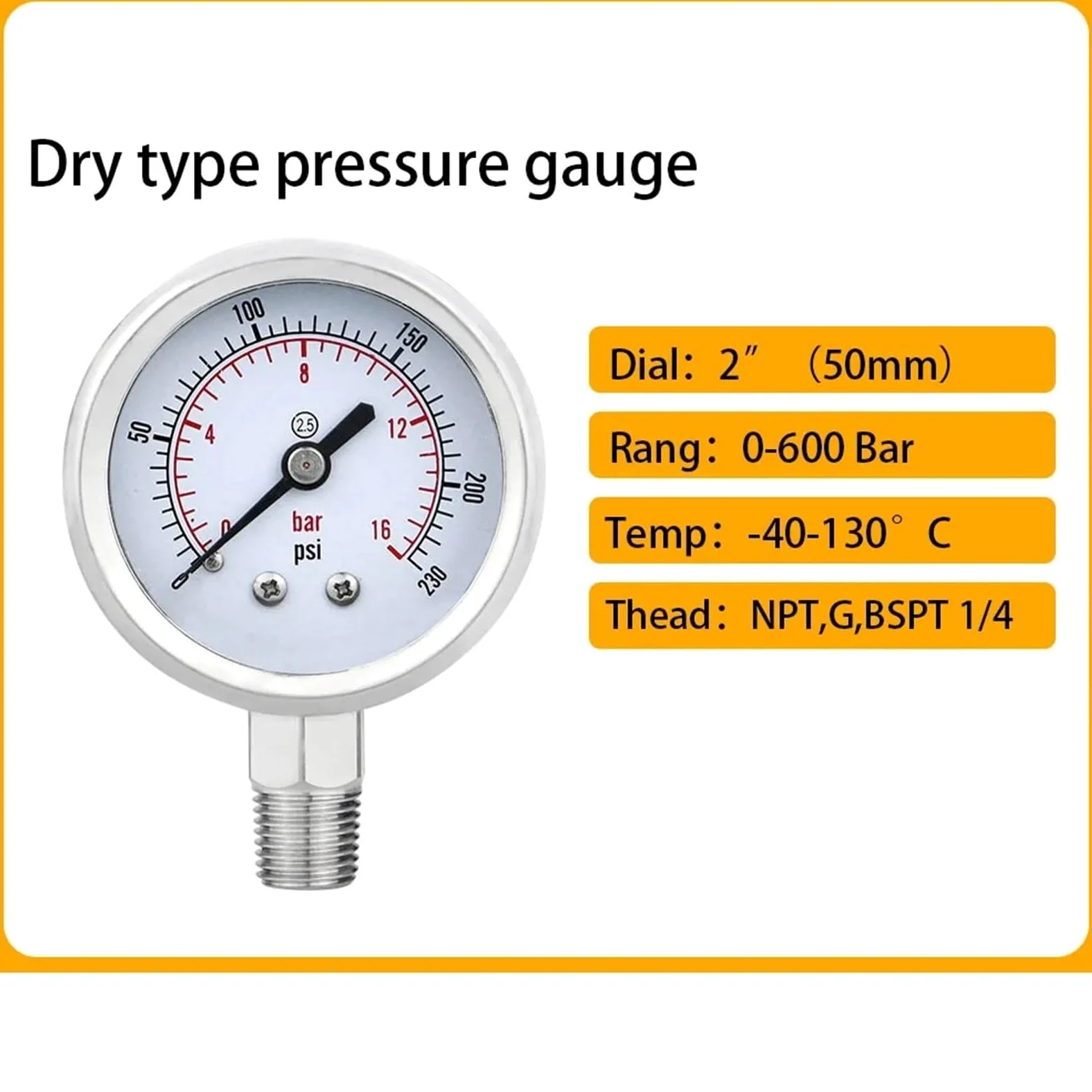 Manómetros de Acero Inoxidable, 50mm(2 "), precisión, 2,5%, conexión Inferior, manómetro hidráulico de Alto vacío de Agua(BSPT(ZG) 1-4,0-10bar)