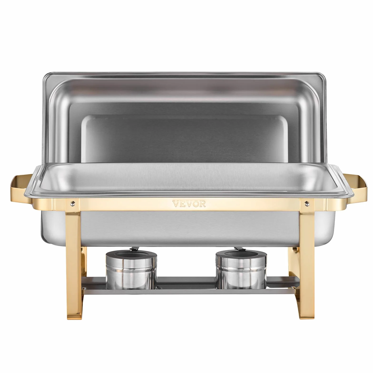 VEVOR Juego de Calentador de Alimentos Acero Inoxidable 2 Cacerolas 7,5L 4 Cacerolas 4L Rectangular Catering Tapa Soporte Dorado