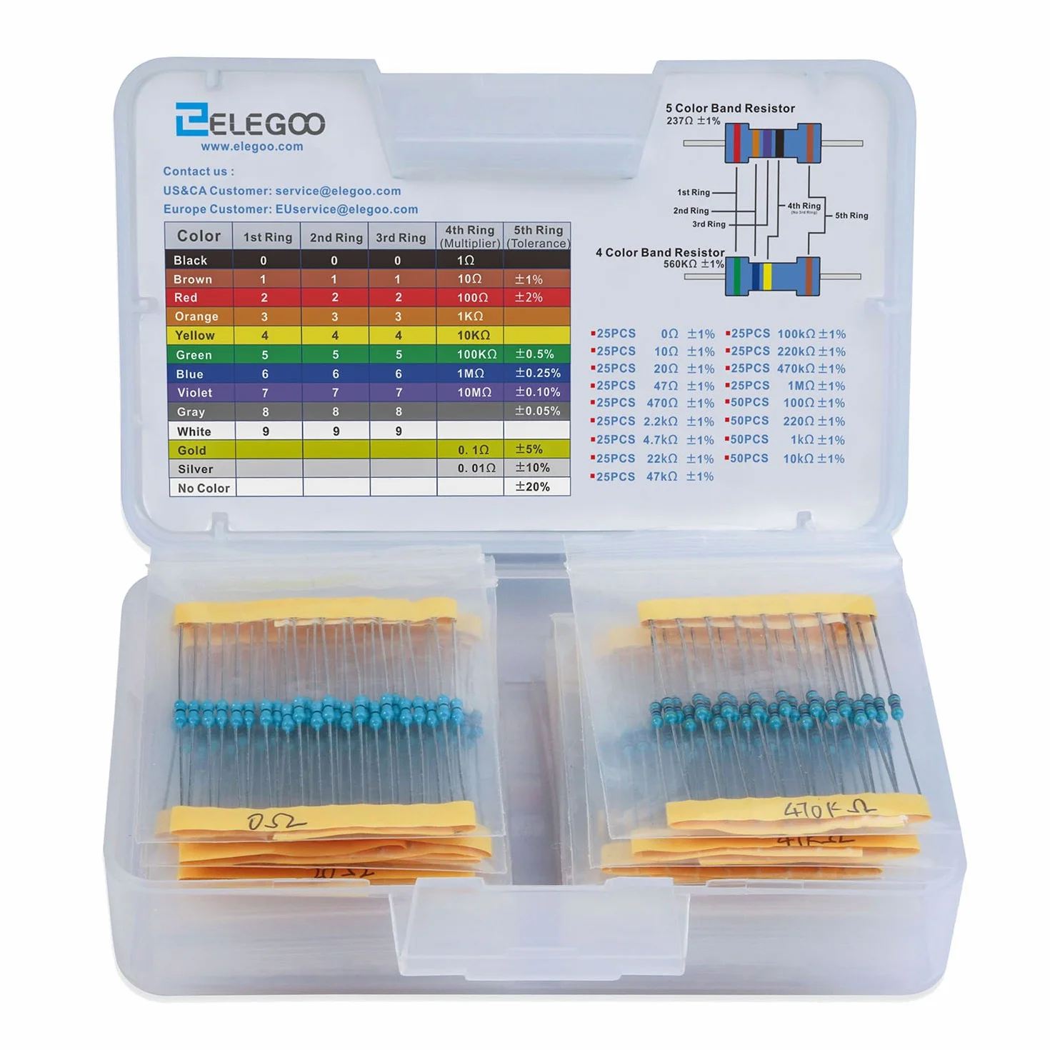 ELEGOO Kit Resistencias 17 Valores ±1% 0 Ohm-1M Ohm Paquete 525 Piezas