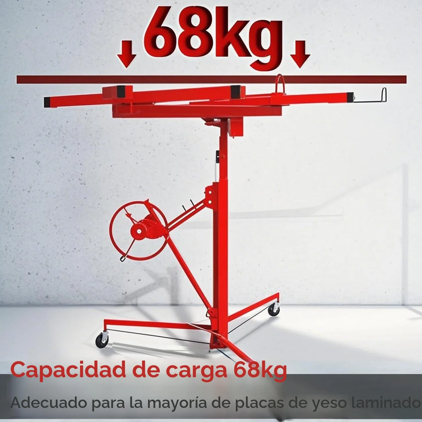 Ikodm - Elevador de placas plegable XXL para paneles de yeso, altura de trabajo ajustable de 132-335 cm, ancho máximo del brazo de carga de 290 cm y capacidad de carga de 68 kg, Rojo