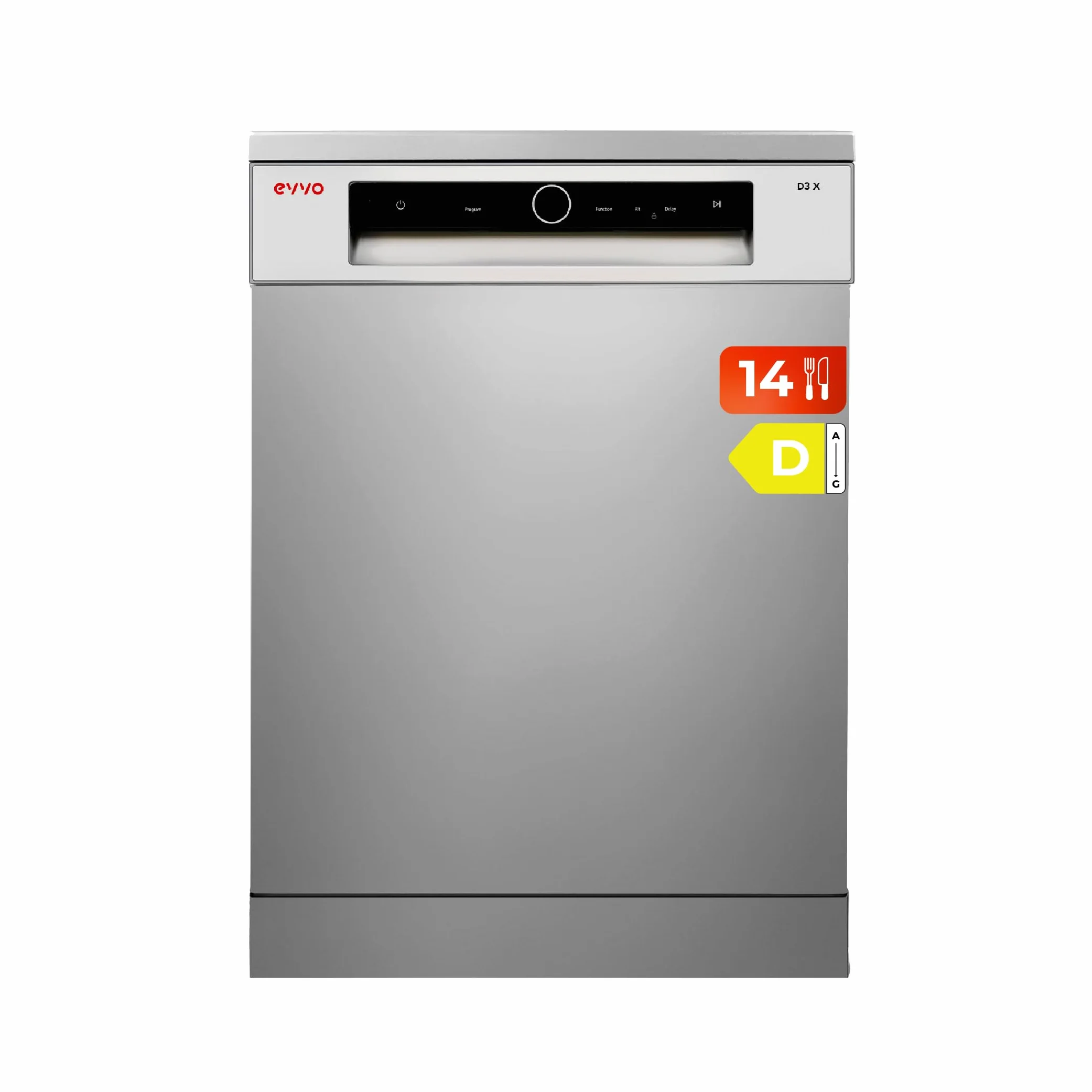 EVVO Lavavajillas 60cm 14 Cubiertos Eficiencia C Programa Media Carga Sensor Inteligente ECO 8 Programas Bandeja Ajustable Inox D3X