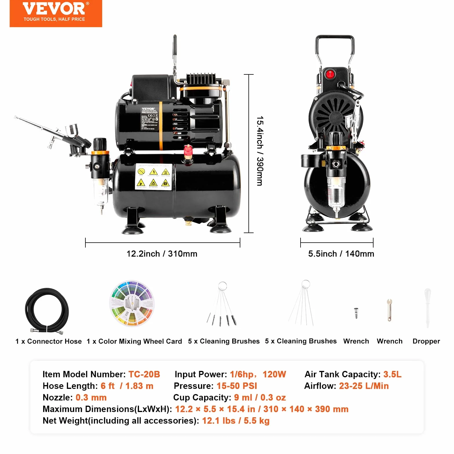 VEVOR Kit de Aerógrafo Profesional 0,3mm Compresor de Aire de Doble Ventilador 3,5L