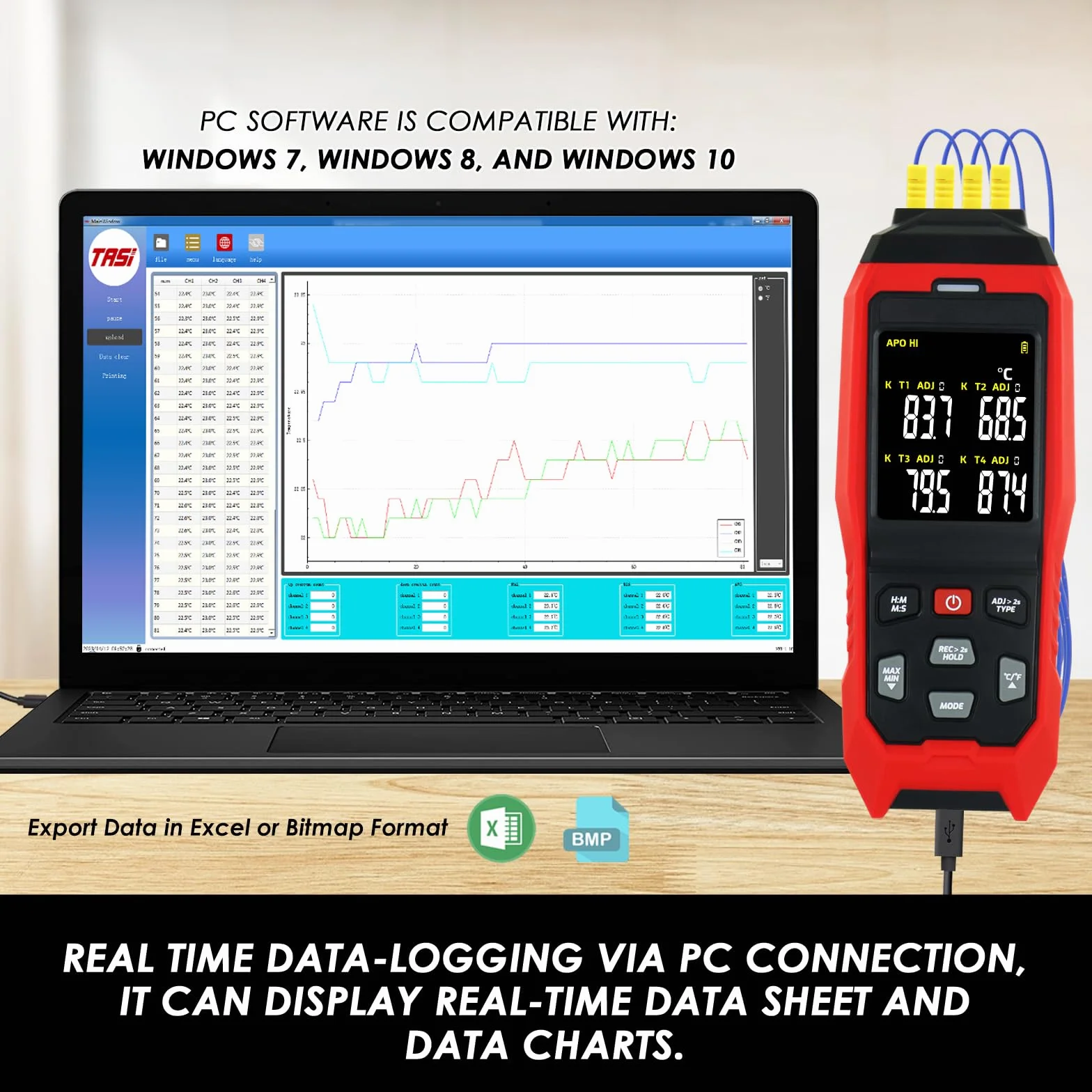 Termómetro K/J tipo registrador de datos Termómetro profesional de termopar con 5000 grupos de registro de temperatura, -328~2501℉ Medición Alarma acústica y visible, función de compensación ADJ