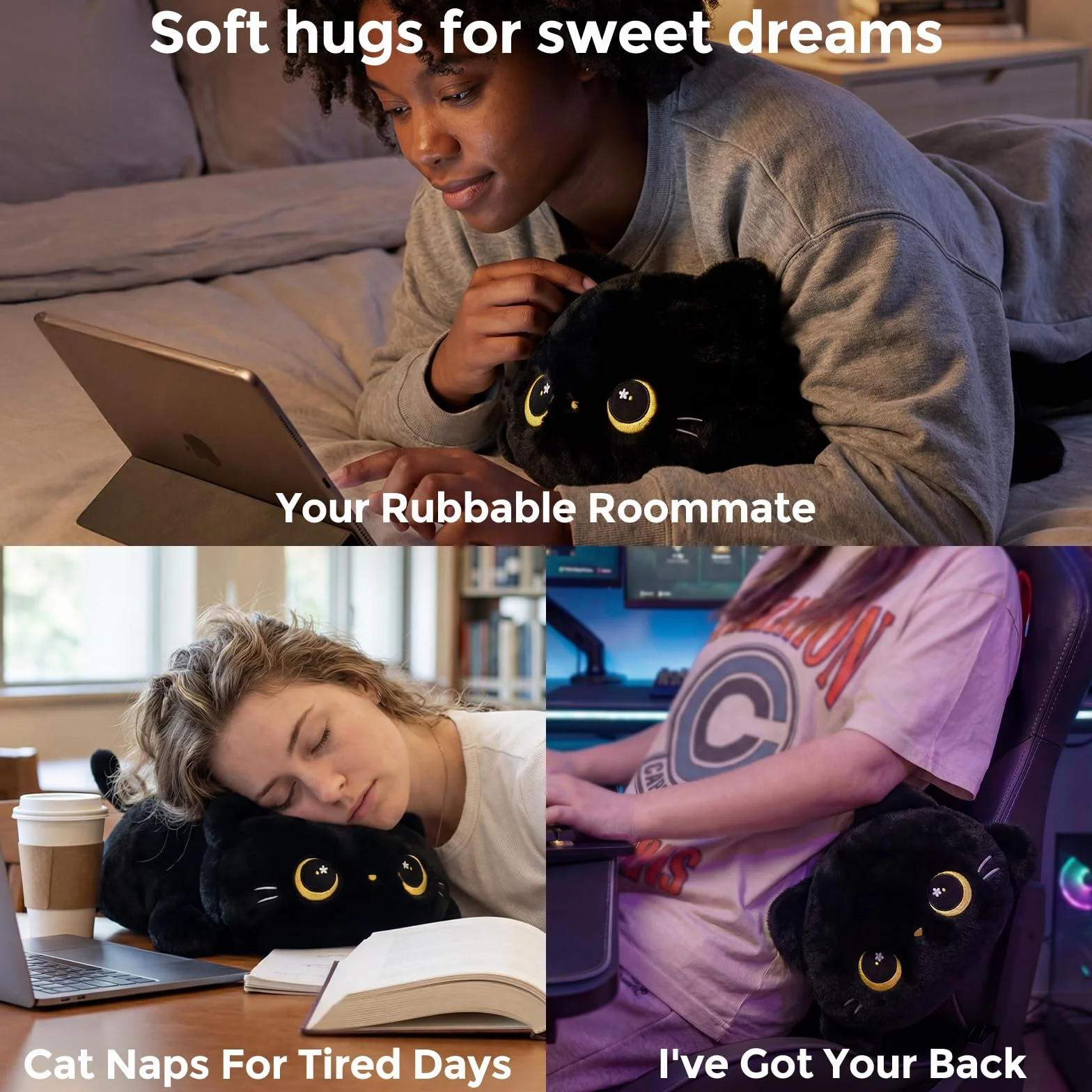 Mewaii Almohadas de Peluche Gato Negro Kawaii Cojines para Niños