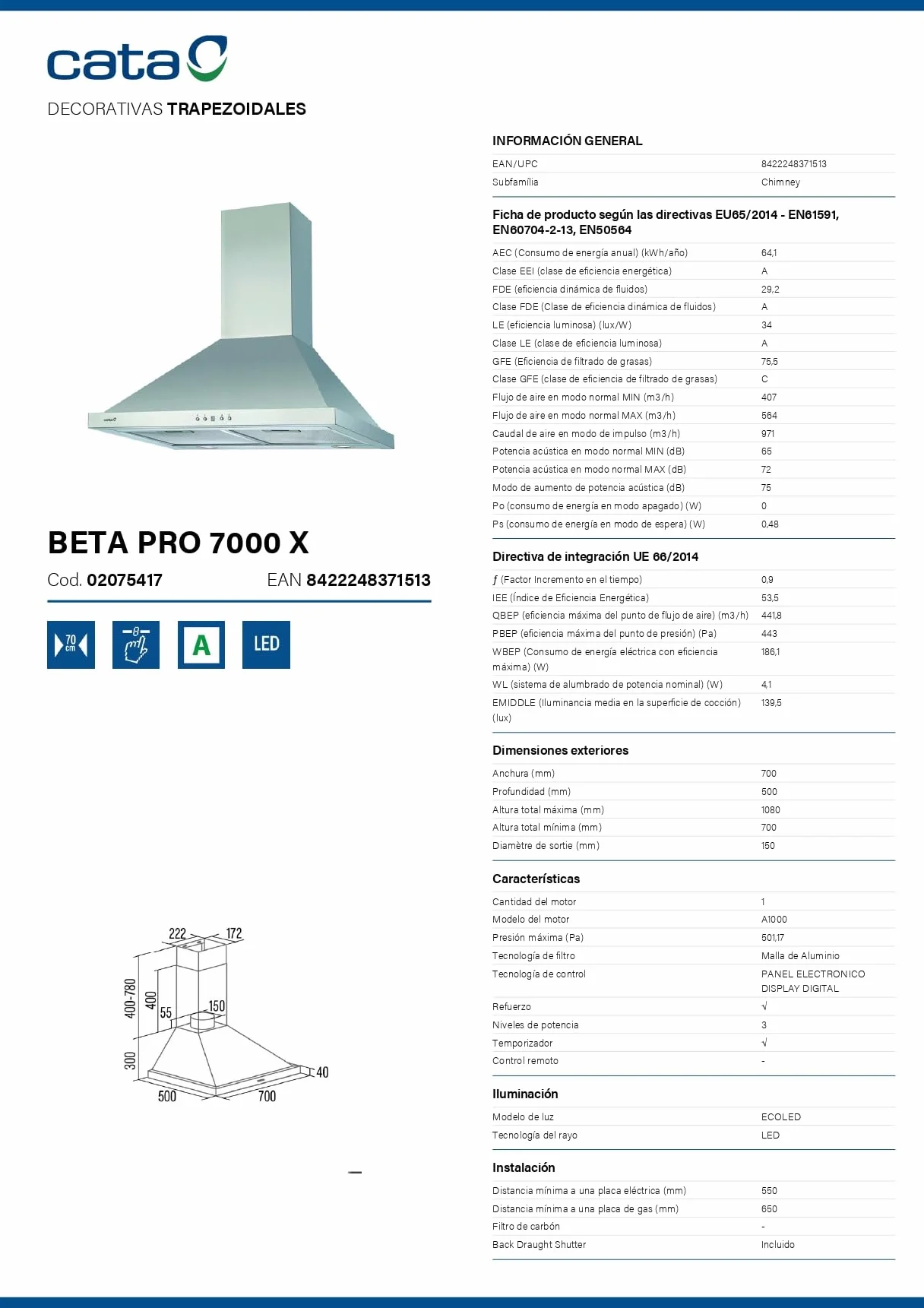 CATA Campana Extractora BETA PRO 7000 1027 m3/h 380 W Inox