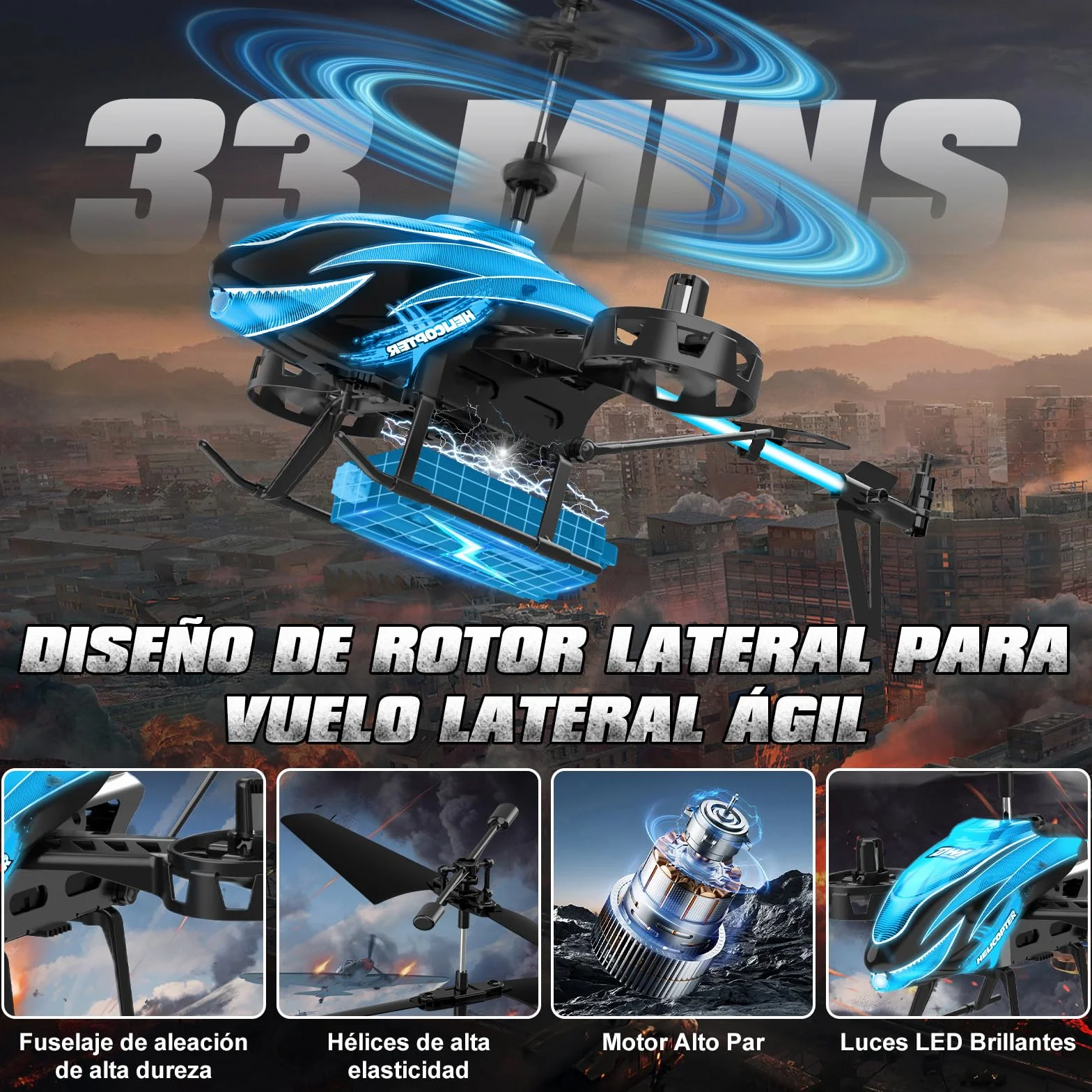 Charmofun Helicóptero Teledirigido 2.4G RC con 7 Luces, 3 Baterías, 33 Minutos Vuelo, 4.5 Canales, Giroscopio, Regalo para Niños 6+ Años Azul