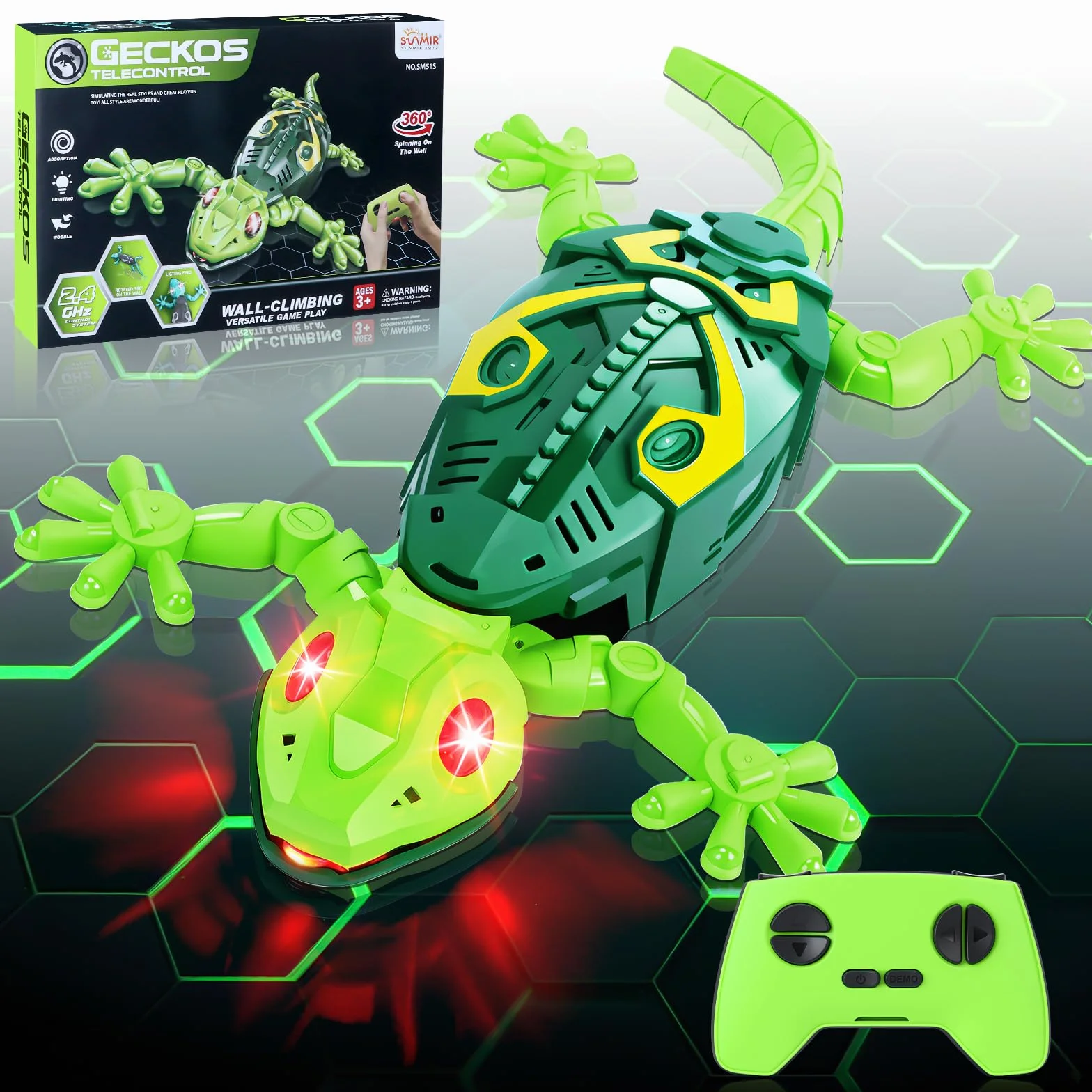 Charmofun Lagarto Trepador Paredes con Ojos LED, Gecko Juguete Realista para Niños 4+ Años (Verde)
