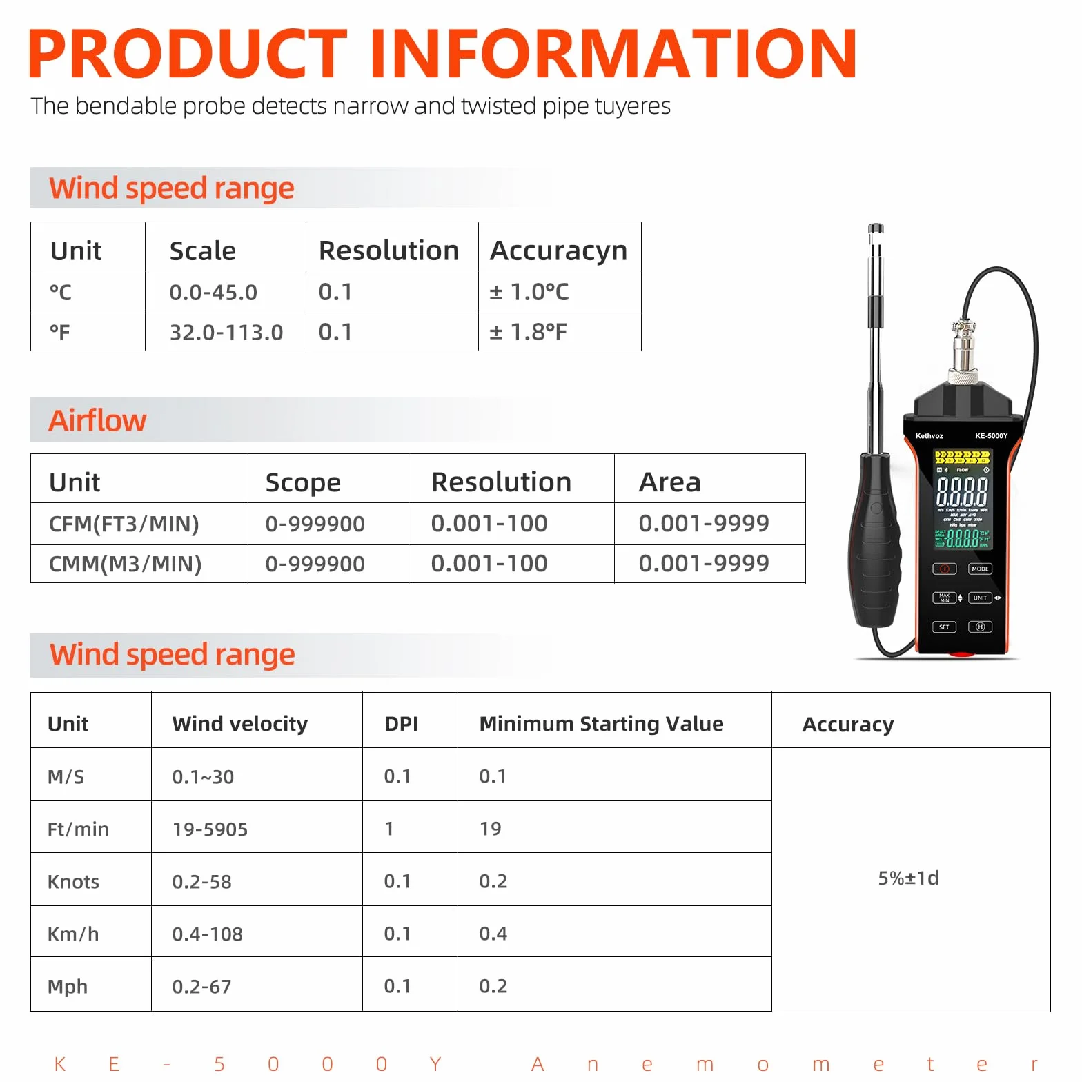 Anemómetro digital Kethvoz KE-5000Y HVAC medidor velocidad del viento CFM CMM 0-999900 ft3/min Temperatura Humedad