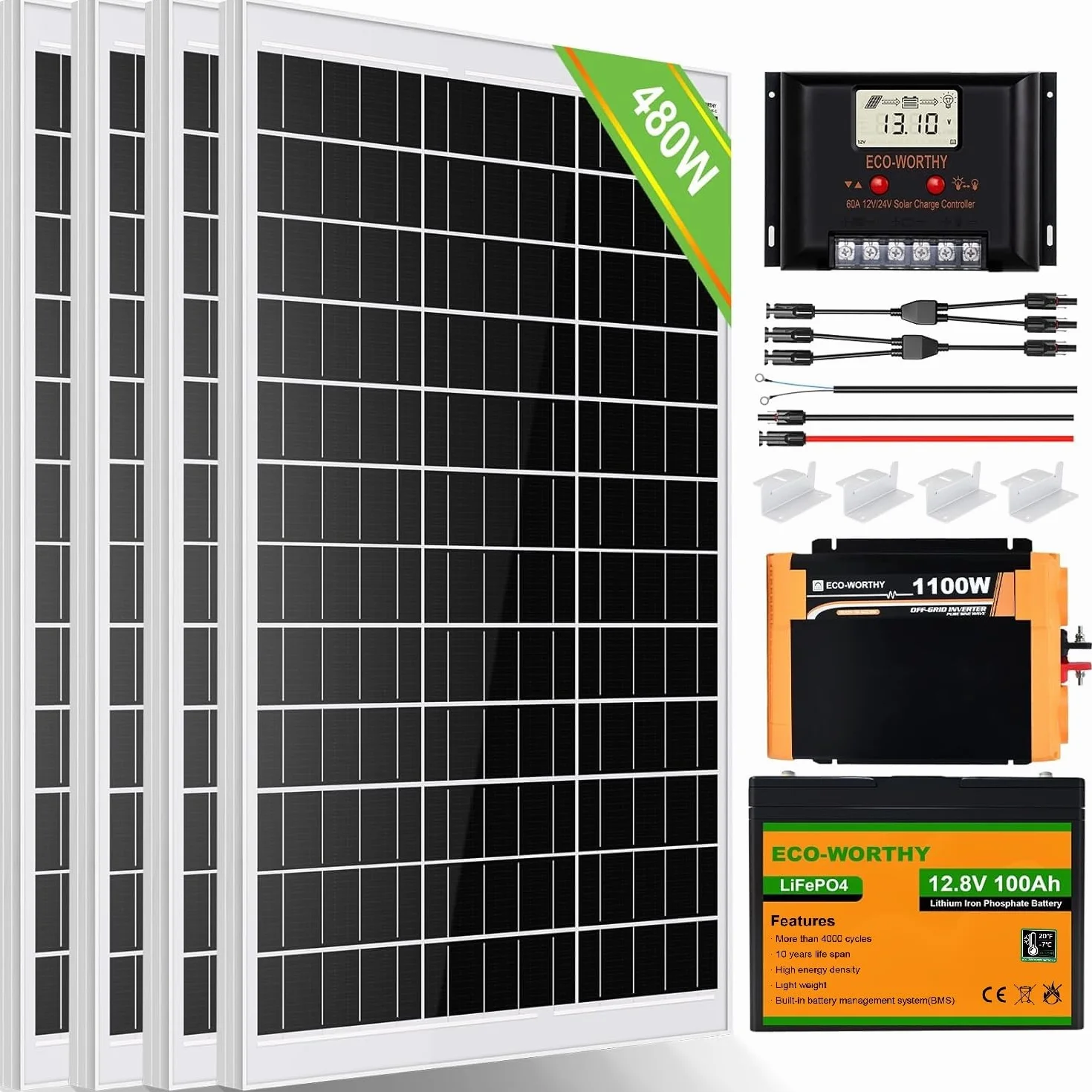 ECO-WORTHY 480W 24V 2KW-h/día kit solar con bateria sistema completo para el hogar Shed:4pcs 120W panel solar monocristalino + 2pcs 50AH batería de litio + 60A controlador solar + 1500W inversor