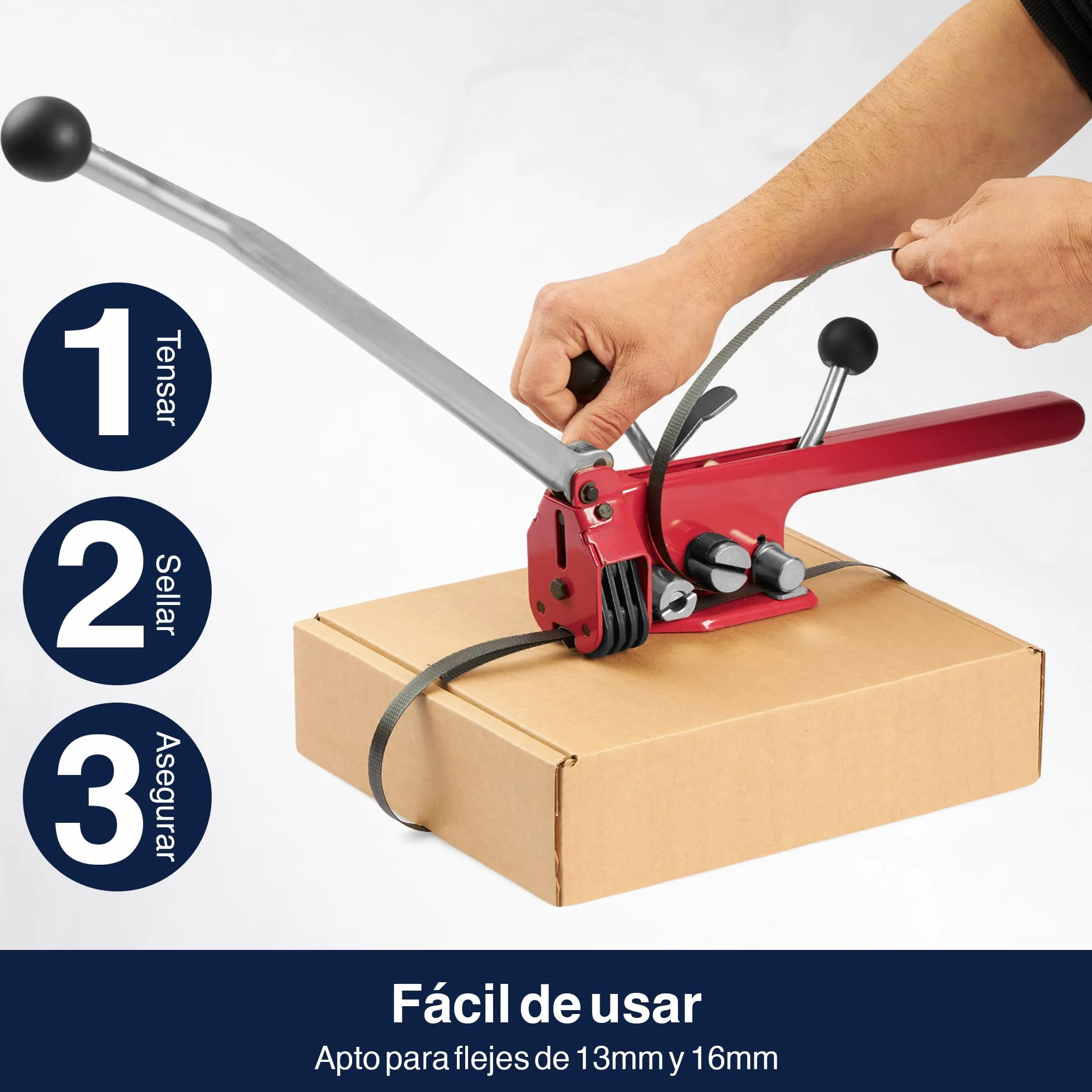 Precifilm Flejadora Manual Para Fleje de Plástico - Para Flejes de 13 y 16 mm - Con Palanca de Tensión, Sellado y Cortado - Utilizar con Uniones Metálicas - Asegura tus Envíos y Paquetes (16 mm)