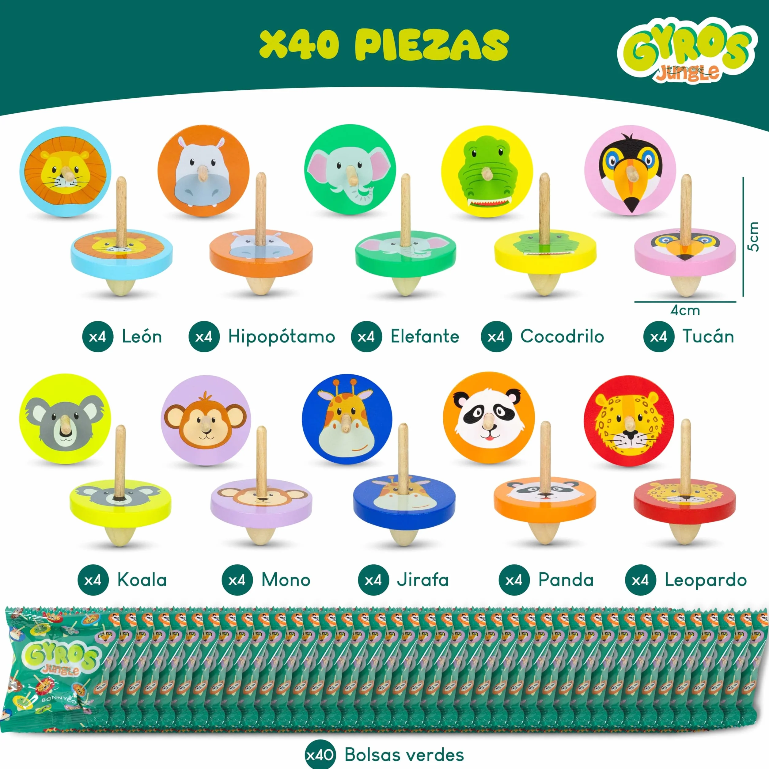 BONNYCO Peonza Madera Animales Jungla, Pack 40 Regalos Cumpleaños Niños