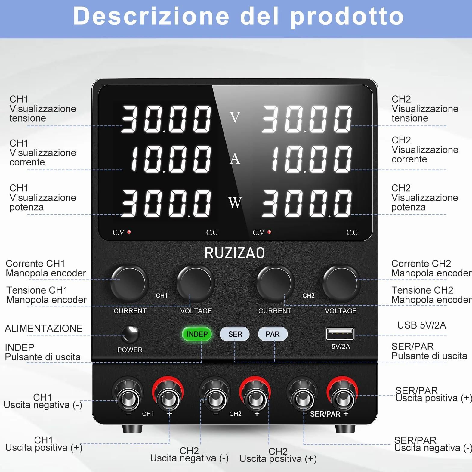 4 en 1 Fuente de Alimentación 30V 10A, Corriente y Potencia de 4 Dígitos Conversión Serie/Paralelo 30V 20A/60V 10A Fuente de Alimentación de Alta Potencia Ajuste del Codificador