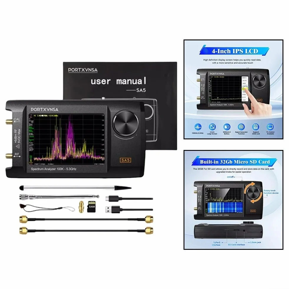 SA5 Handheld para analizador de espectro 100kHz-5.3GHz con calibración de modo estupendo hasta 5.3GHz Pantalla LCD IPS de 4 pulgadas para ingenieros de RF (sin tarjeta de memoria)