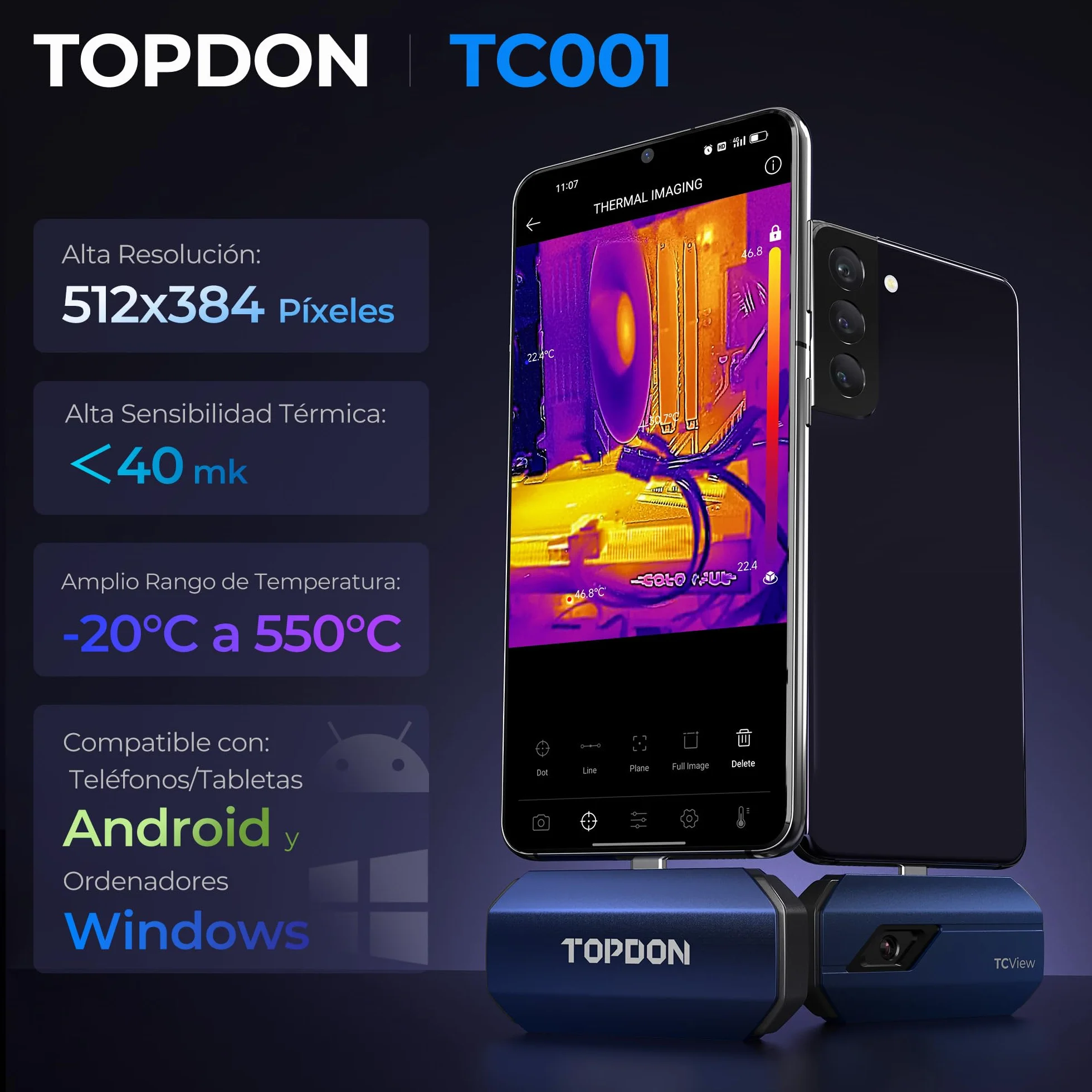 TOPDON TC001 Cámara Térmica Profesional para Android, 512x384 TISR Alta Resolución Cámara Termográfica Infrarroja, Rango de medición de la temperatura -20℃ a 550℃, Precisión 0.1℃ (Azul)