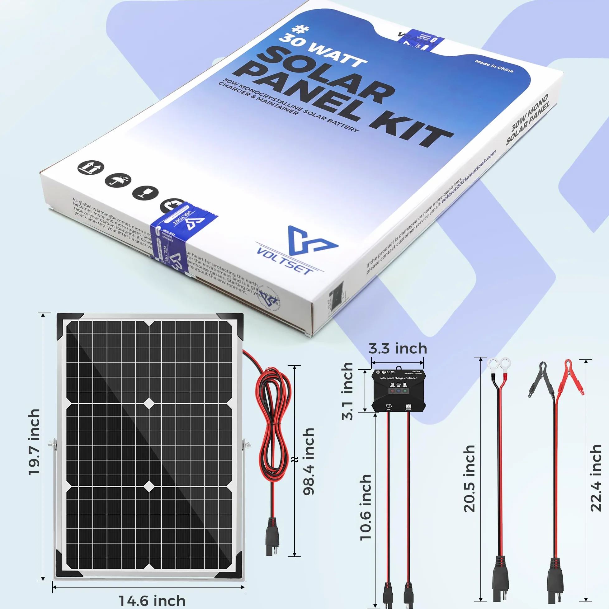 Voltset Kit de panel solar de 30 W y 12 V, cargador de batería solar monocristalino + controlador de carga MPPT de 10 A + soporte de montaje ajustable para coche, RV, barco, motocicleta, abridor de