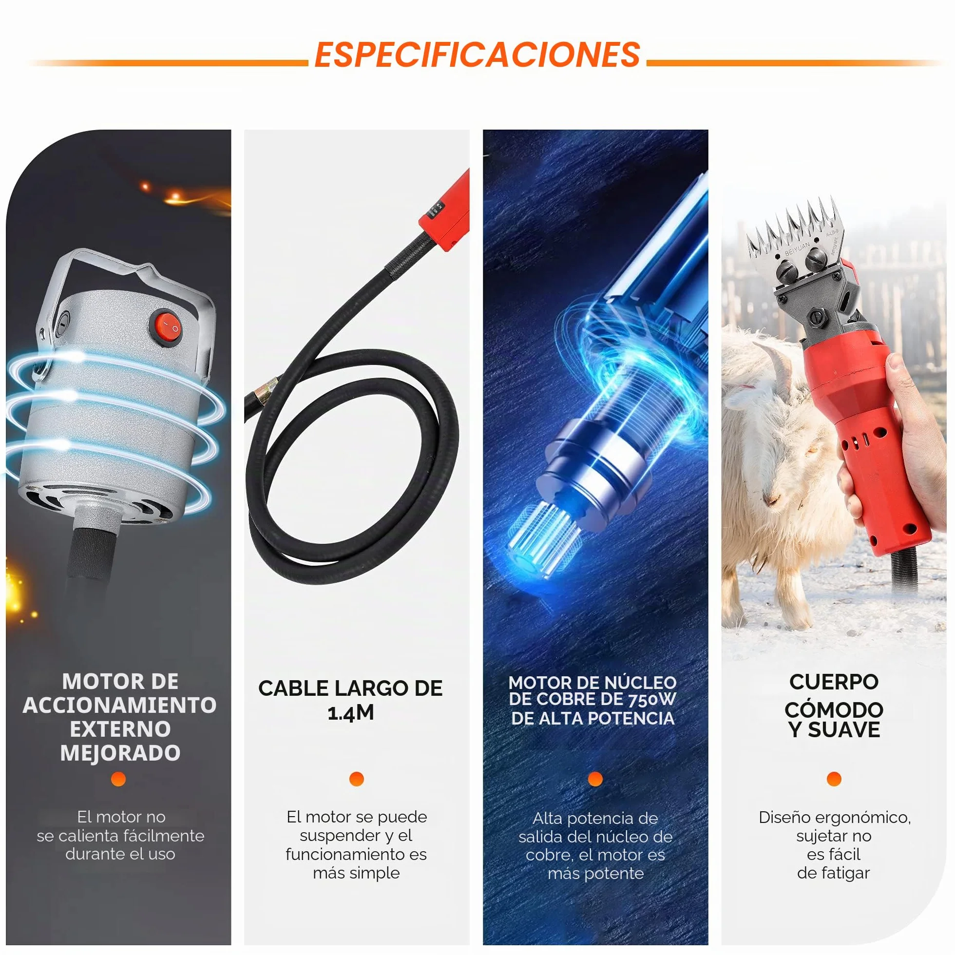 CGOLDENWALL Máquina De Esquilar Eléctrica 750w, Motor De Cobre De Alta Rendimiento 2400rpm, 4 Tipos De Cuchillas (Rectas 9&13/Curvas 9&13) Para Oveja, Cabra, Caballo, Ternera, Alpaca, Camello