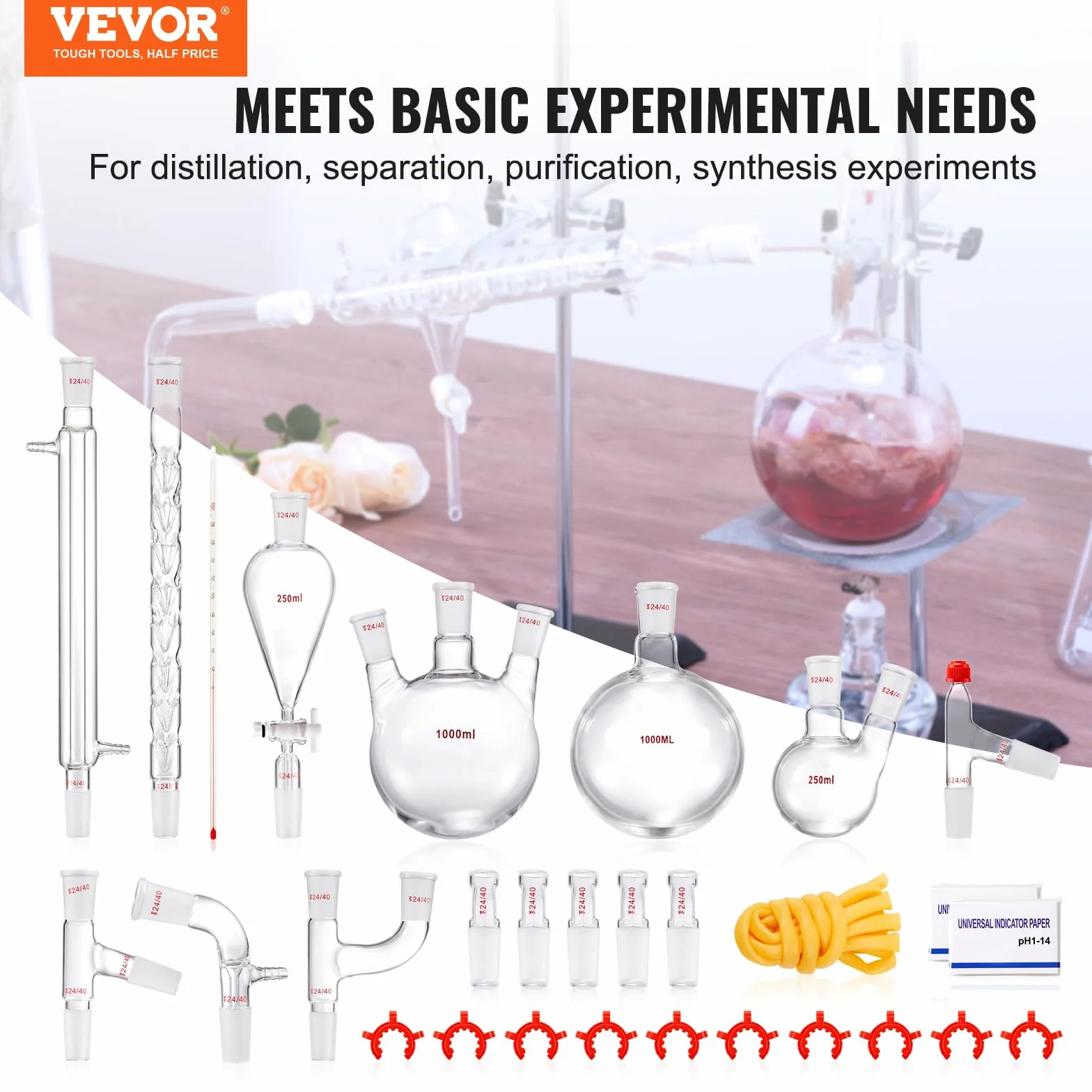 VEVOR Kit de destilación de laboratorio, kit de destilación de vidrio de laboratorio Boro 3.3 con 24 y 40 compuestos, juego de equipos de destilación de aceites esenciales de 1000 ml, 29 piezas